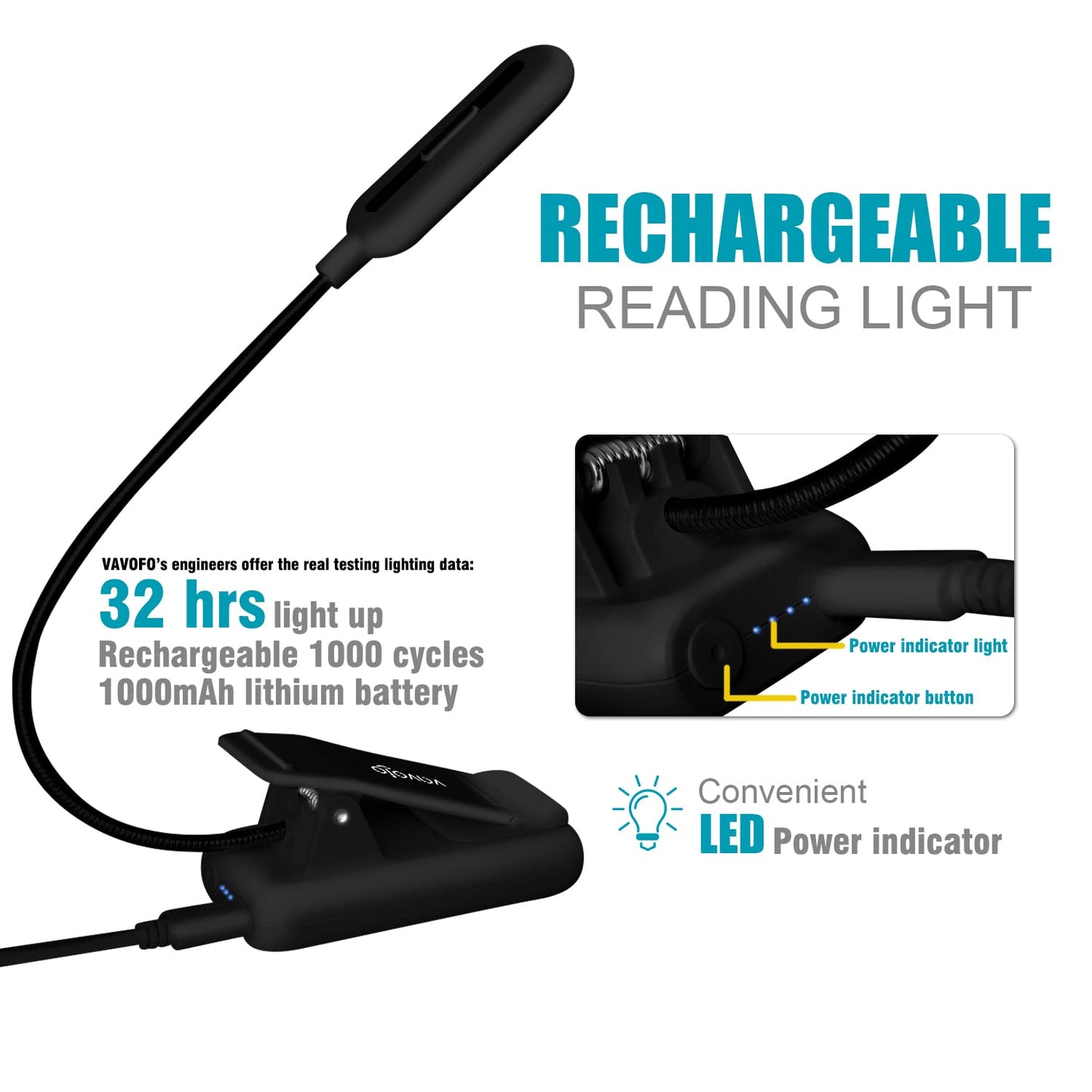 VAVOFO Rechargeable Reading Light, 7 LEDs with 9 Color Temperature 9 Brightness Levels Clip On Book Light for Reading in Bed with Power Indicator