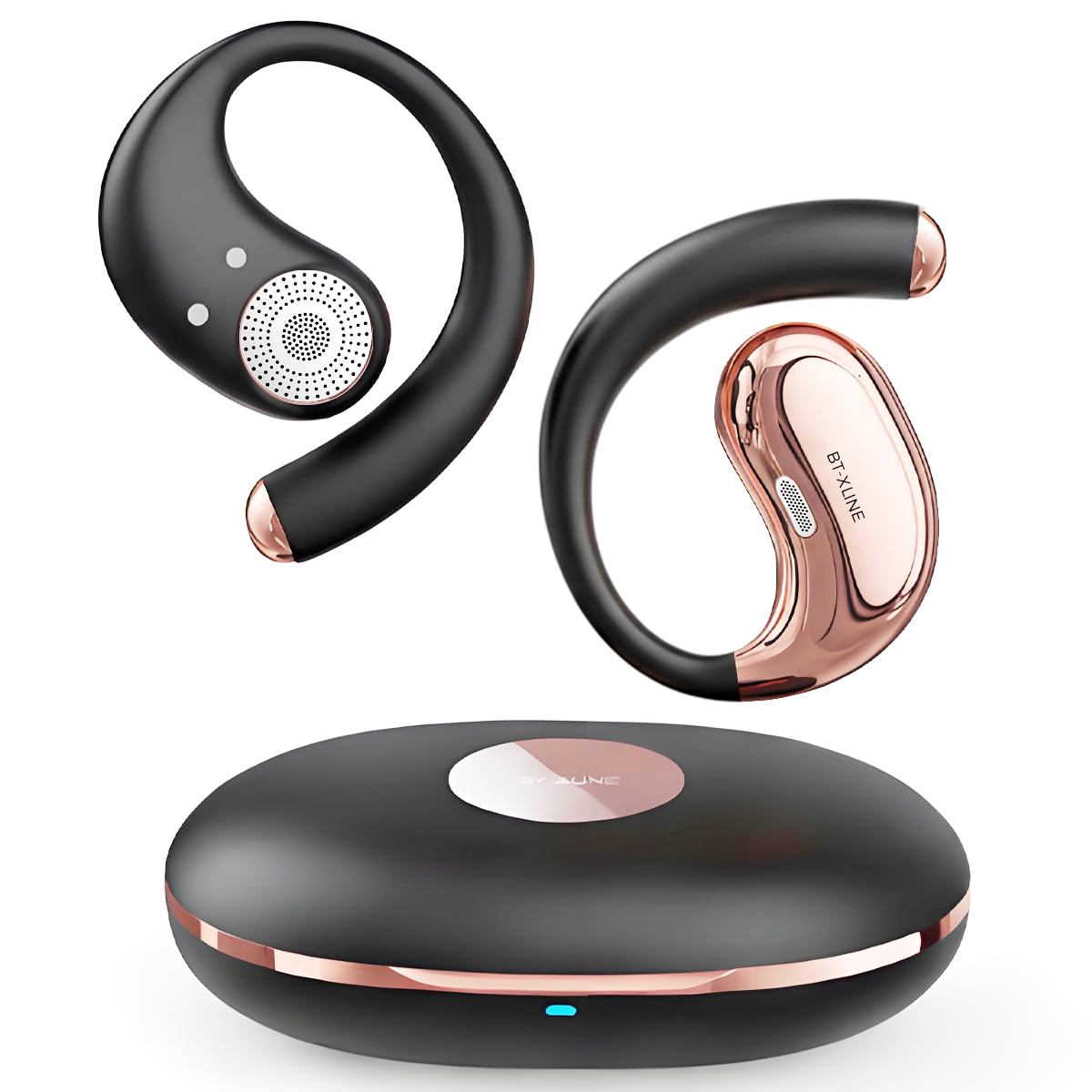 Micool Open Ear Headphones Bluetooth 6.0, Clip On Earbuds Wireless with 36H Playtime, Noise Cancelling Sports Headphones (Black with Rosegold Frame)
