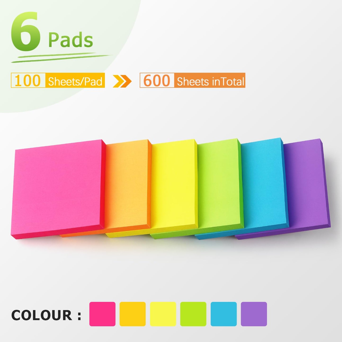 Sticky Notes 3x3 Inch, 6 Pack, Bright Colors, 100 Sheets/Pad, 600 Total