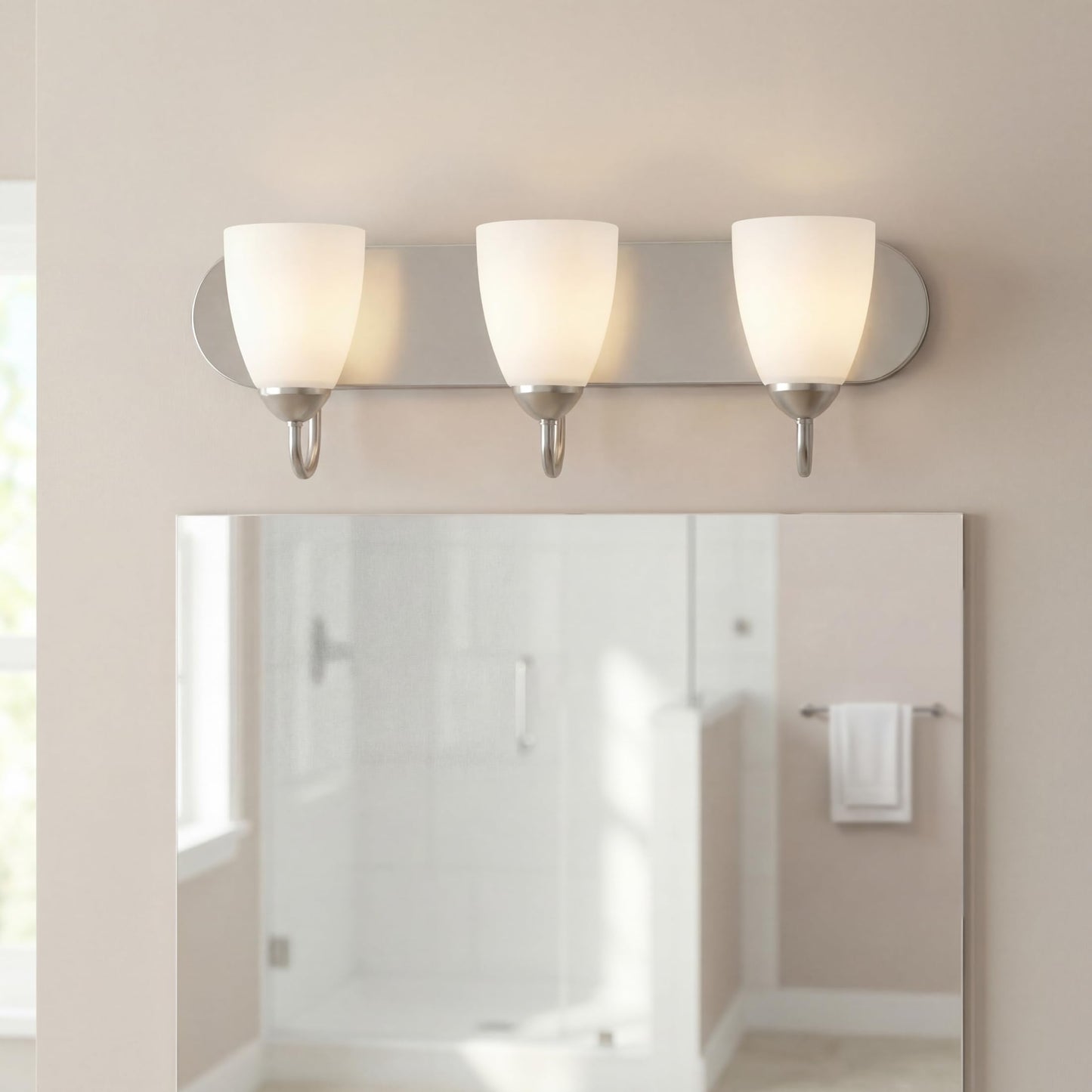 Progress Lighting Gather Collection 3-Light Etched Glass Traditional Bath Vanity Light Brushed Nickel