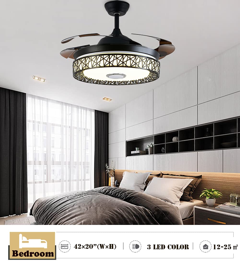 Fandian 42in Modern Smart Ceiling Fan with Lights Bluetooth Speaker Chandelier Lighting Fixtures, Remote Control, Retractable Blades, 3 Light Colors