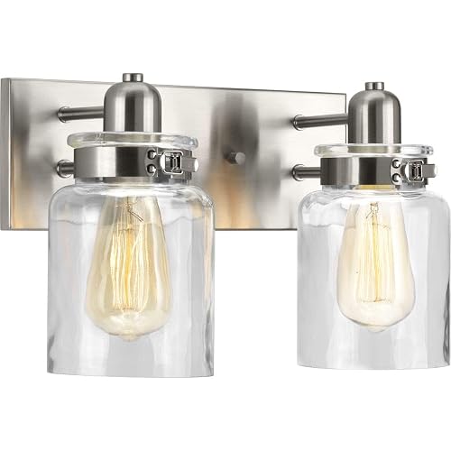 Progress Lighting P300046-009 Calhoun Collection Clear Glass Farmhouse Bath Vanity Light, 2-Light, Brushed Nickel