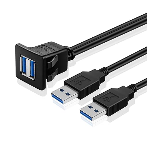 TNP Dual USB 3.0 Flush Mount Cable w/Buckle (Square)- Dashboard Panel Dash Mount 2 Ports Dual USB Socket Plug Jack Connector Extension Wire Cord Water