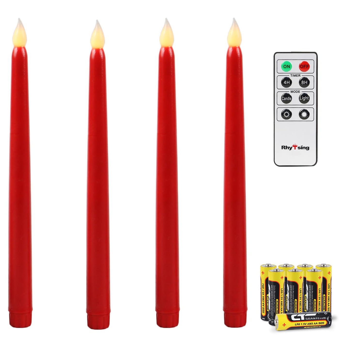 Rhytsing Red 10.8" Flameless Taper Candles with Timer, Battery Operated Candles with Remote, Smooth Wax Finish, Warm White LED, 8 Batteries Included