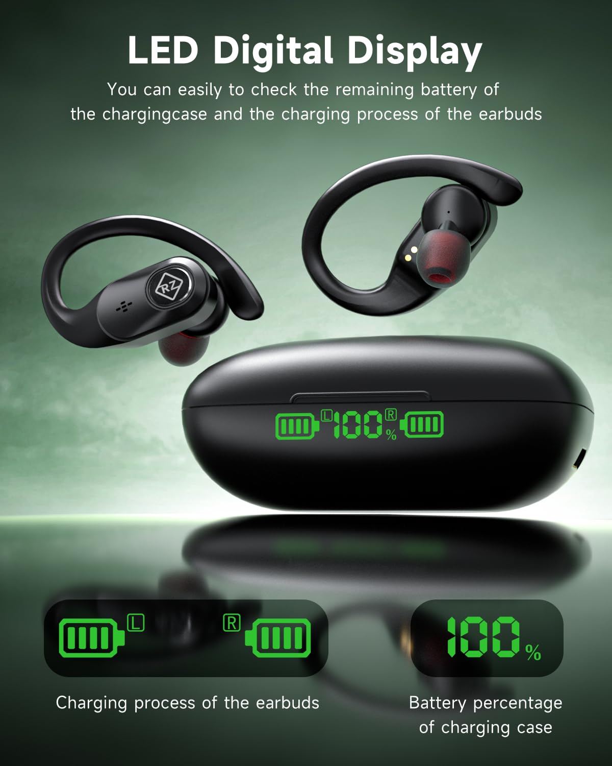 Wireless Earbuds Bluetooth Headphones 96H Playtime LED Display Waterproof Built in Mic Deep Bass Sound Secure Over Ear buds Earhooks for iPhone…