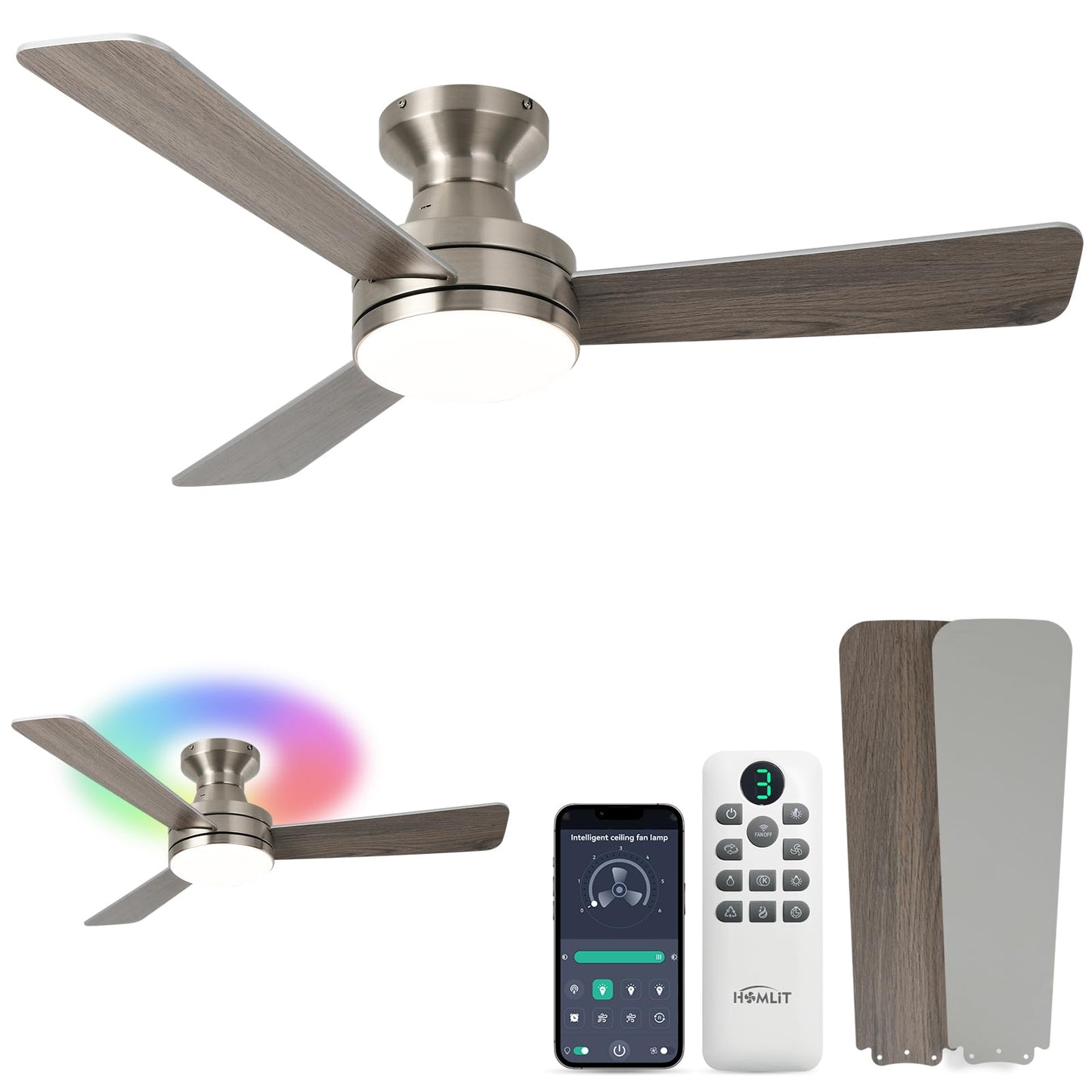 Homlit 42 inch RGB Ceiling Fan with Light, Smart App & Remote Control Low Profile Flush Mount, Music Sync Lighting, 6-Speed Quiet Reversible DC Motor