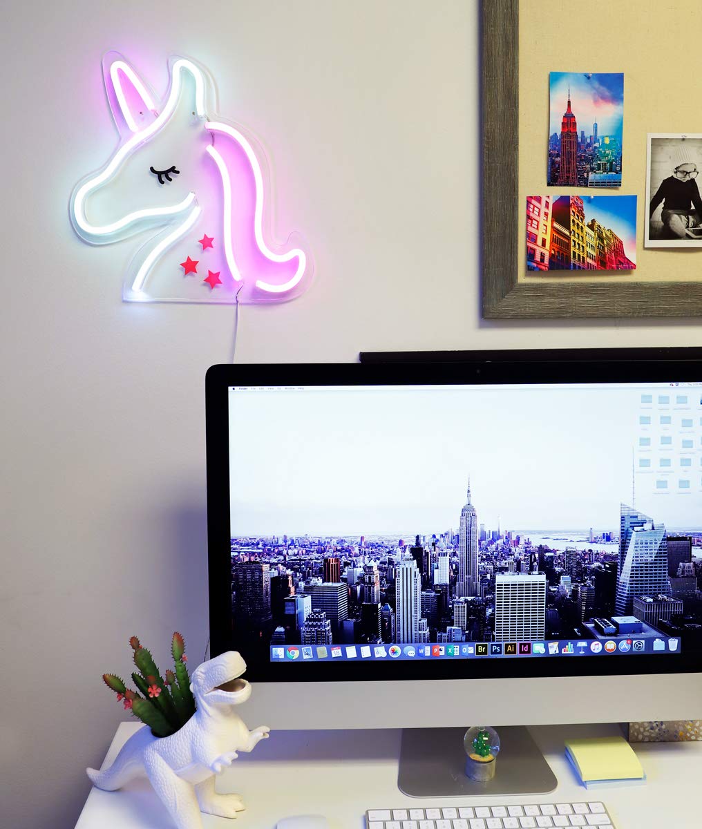 Isaac Jacobs 13" x 13" inch LED Neon Pink and White Unicorn Wall Sign For Cool Light, Wall Art, Bedroom Decorations, Home Accessories, Party