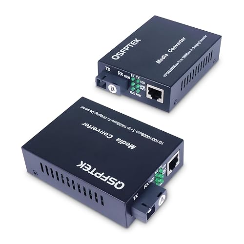 QSFPTEK A Pair 1.25G/s Bidi Fiber Media Converter, Gigabit Media Converter, 10/100/1000Base-Tx to 1000Base-FX Fiber Ethernet Coverter, Singlemode SC