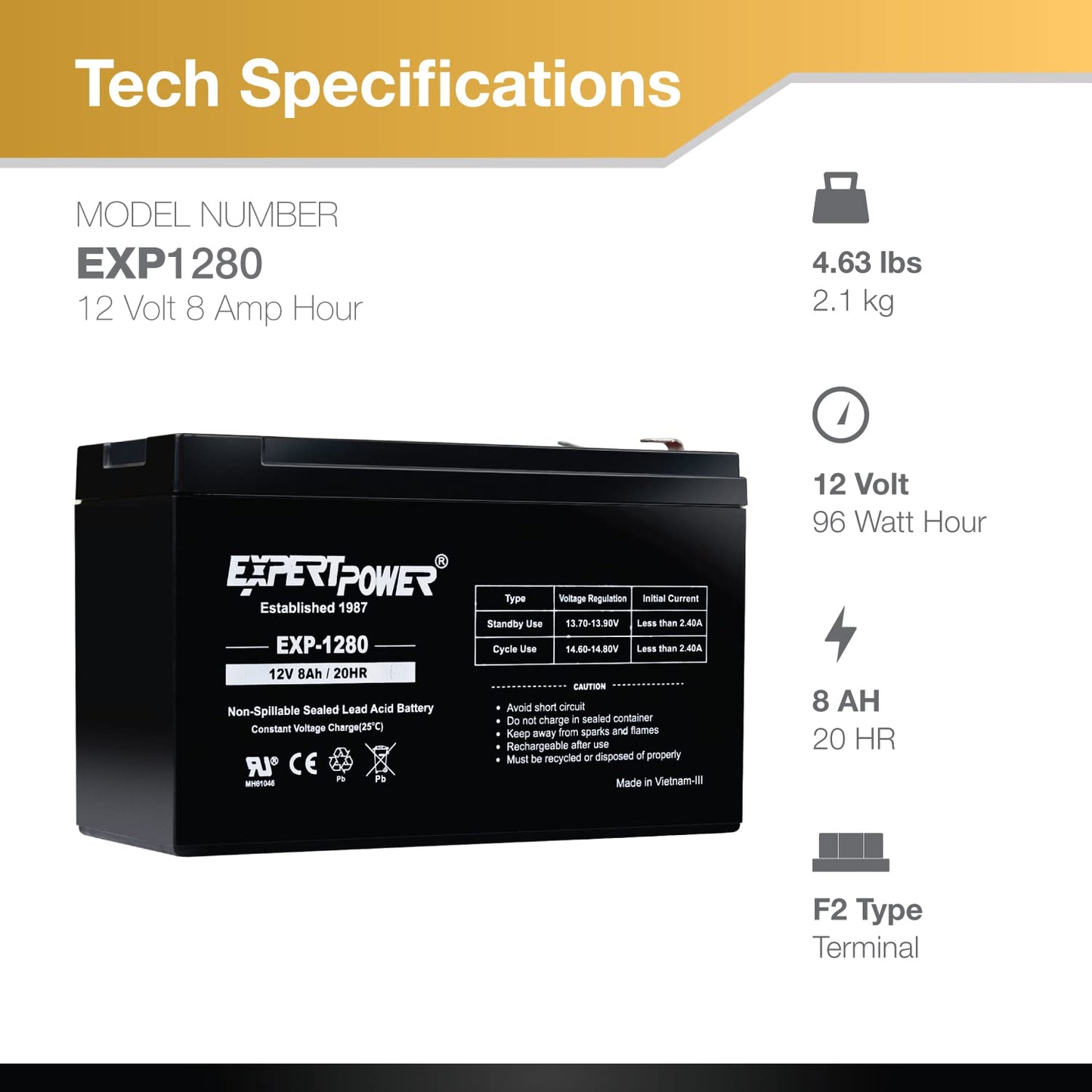 ExpertPower EXP1280-12V 8AH SLA AGM Rechargeable 12V Battery for Ride on Toys, APC Backup UPS Battery Replacement, 12 Volt Batteries for Alarm…