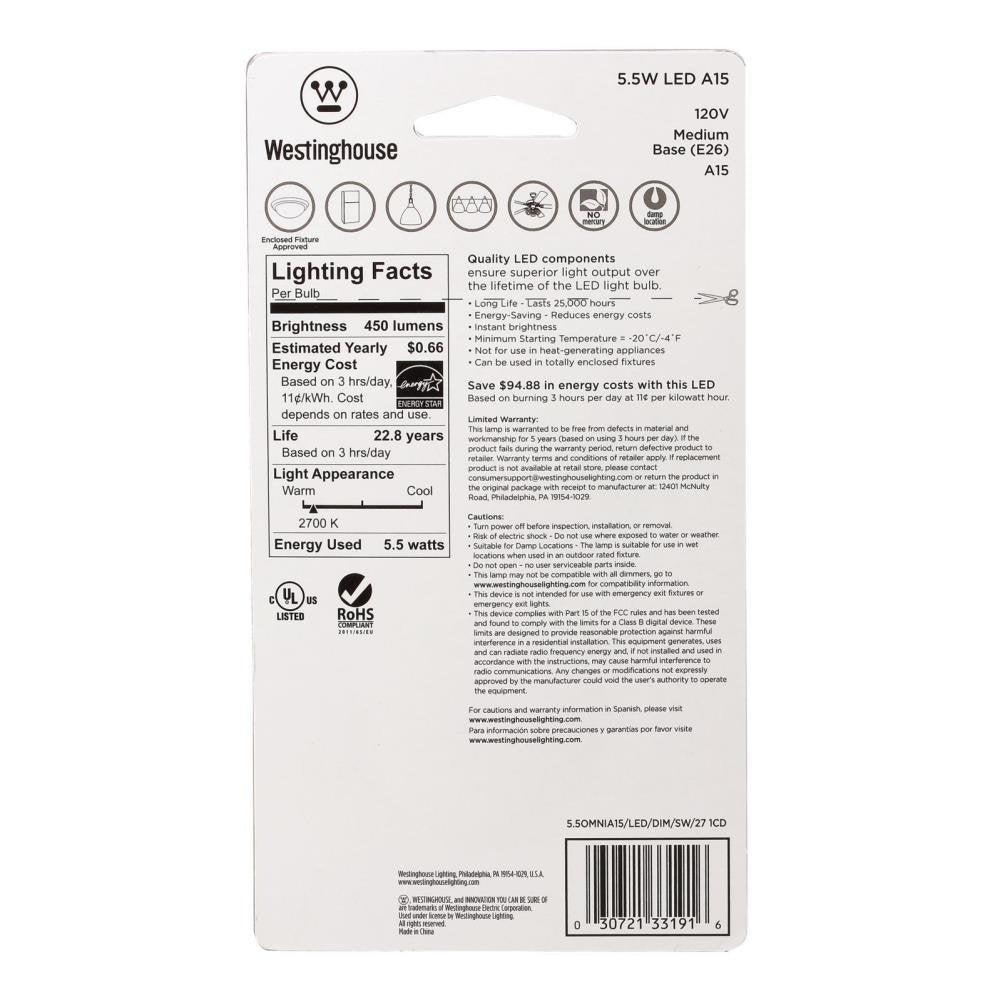 Westinghouse 3319100 40-Watt Equivalent Omni A15 Dimmable Soft White LED Light Bulb with Medium Base