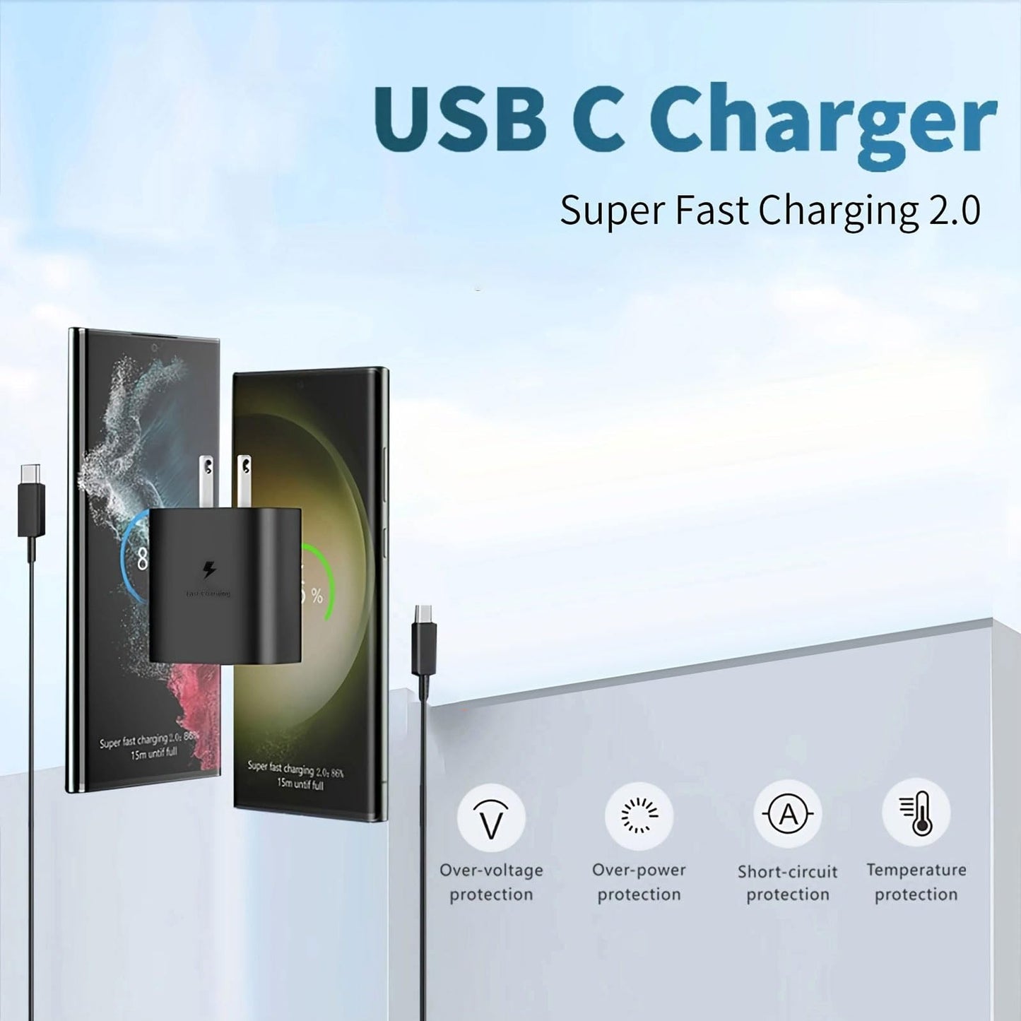 Super Fast Charger, USB C Port Adapter, wall-Mounted Cube Charging Block.Type-c Mobile Phone Charger with C to C Cable is Suitable for Samsung