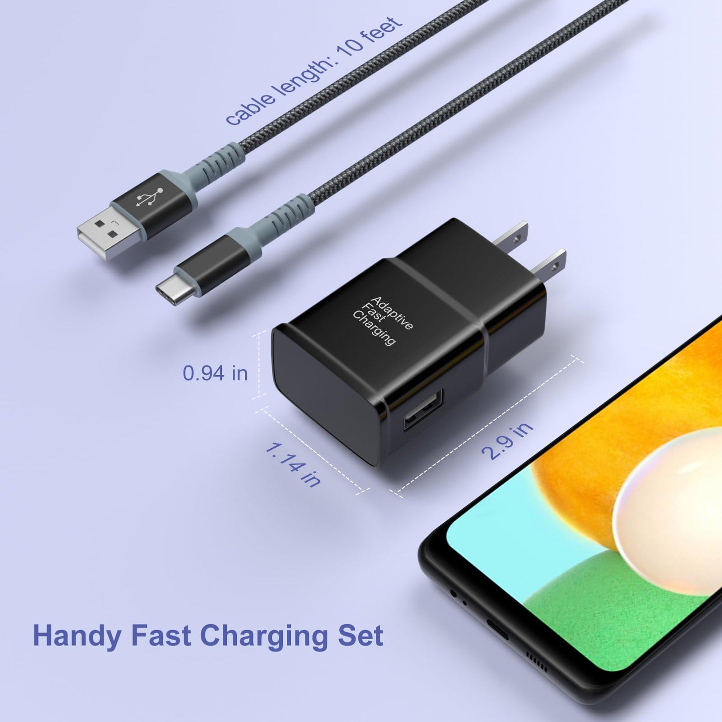 Adaptive Fast Charging Wall Charger with USB C Cable 10Ft, Excgood Fast Charger Power Adapter USB Type C Cable Fast Charging Compatible with Galaxy
