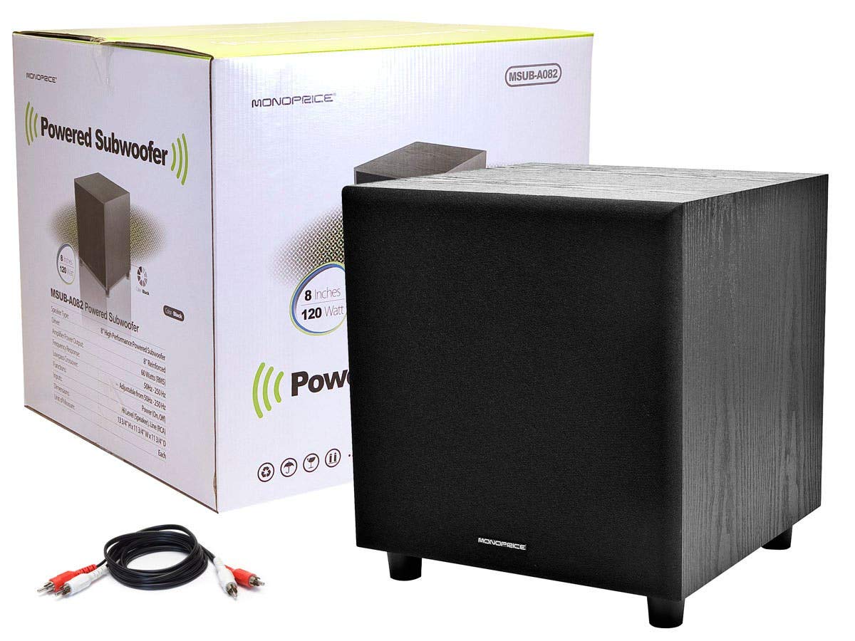 Monoprice 60-Watt Powered Subwoofer - 8 Inch With Auto-On Function, For Studio And Home Theater Black