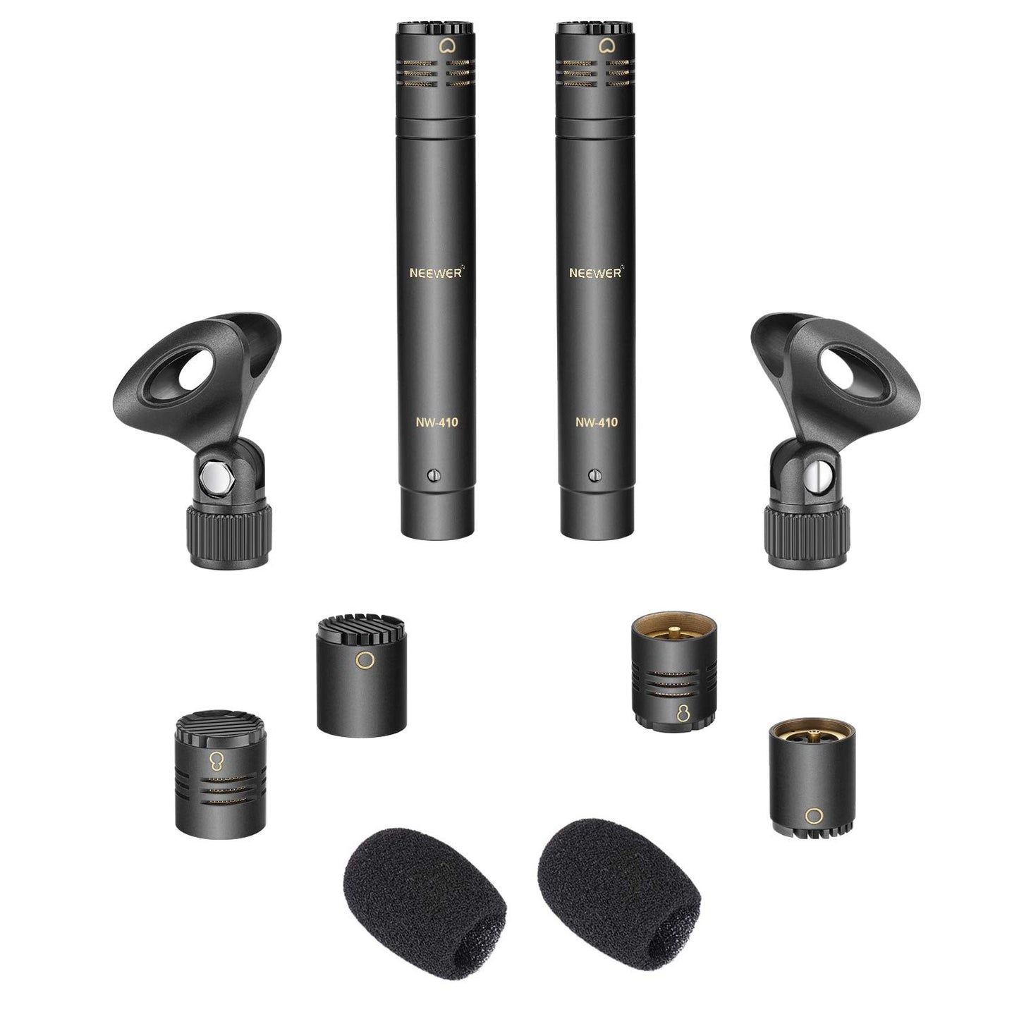 Neewer 2-Pack Pencil Stick Condenser Mic with Interchangeable Omni Cardioid and Super Cardioid Capsules Foam Windscreens Mic Clip and Carrying Case