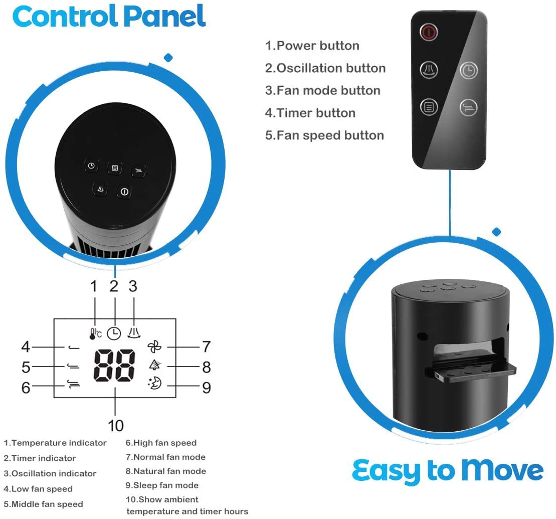 Antarctic Star Tower Fan Portable Electric Oscillating Fan Quiet Cooling Remote Control Standing Bladeless Floor Fans 3 Speeds Wind Modes Timer