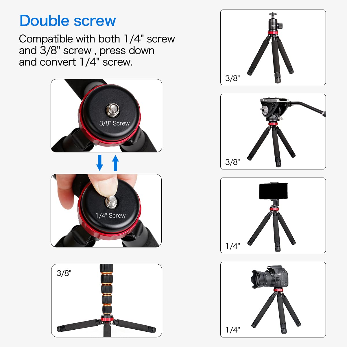 Koolehaoda Camera Mini Tripod Table Stand Desktop Compact Tripod with 1/4" and 3/8" Screw Mount Compatible with DSLR Camera, Monopods, Tripod Head
