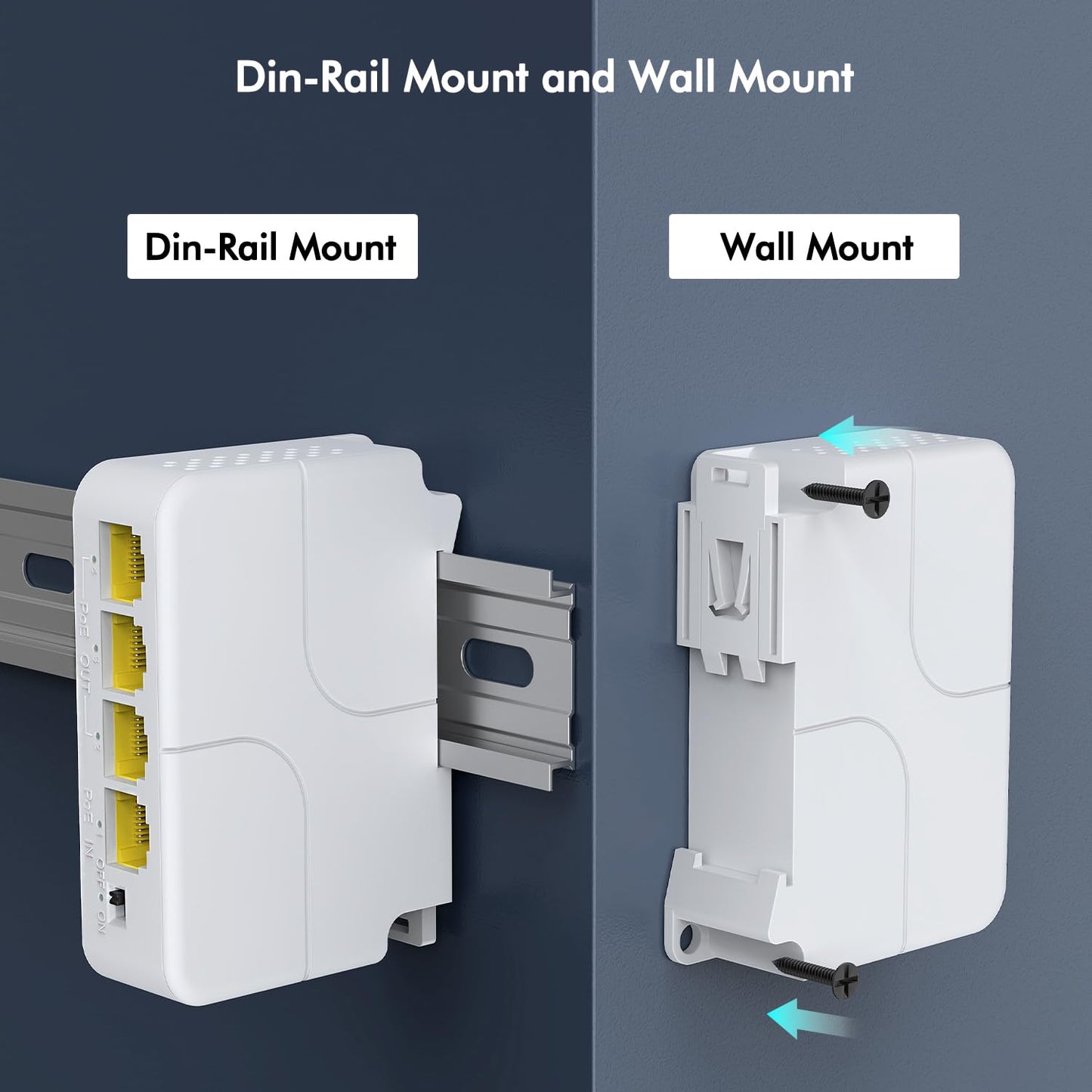 YuanLey 4 Port PoE Extender Gigabit with 3 PoE Out, IEEE 802.3af/at Mini 4 Channel Repeater 1000Mbps, VLAN, Wall and Din Rail Mount Passthrough POE