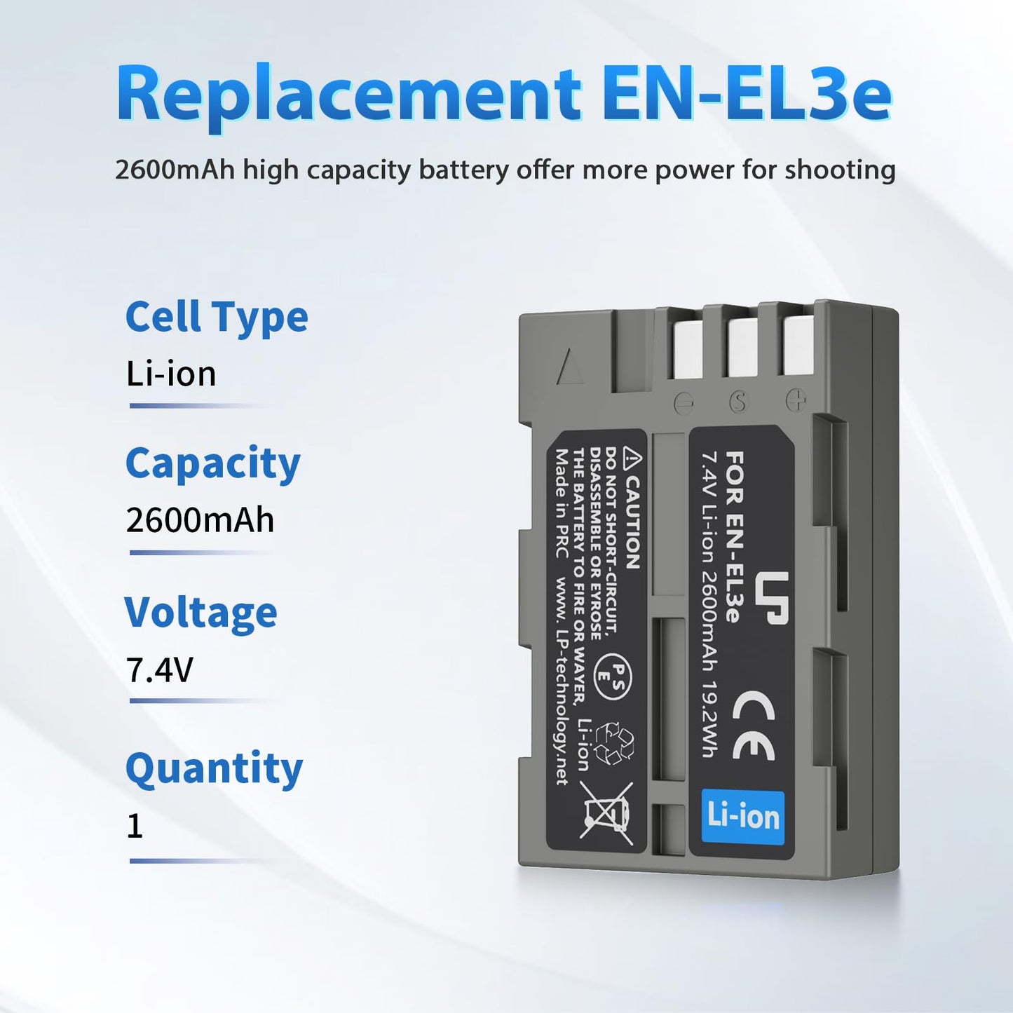 LP EN-EL3e, EL3, EL3a Battery, 2600 mAh Battery Compatible with Nikon D700, D300s, D300, D200, D100, D90, D80, D70S, D70, D50, MH-18, MH18a, MH-19