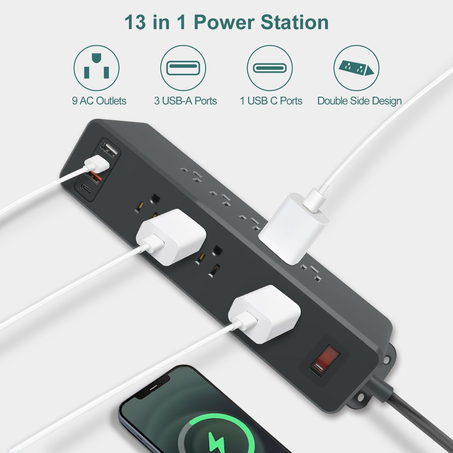 9 Outlets Wall Mount Power Strip with USB C HdcTek Double Side Outlet Extender Fast Charge USB-A Ports & 1 PD USB-C Port Flat Plug Mountable Desk