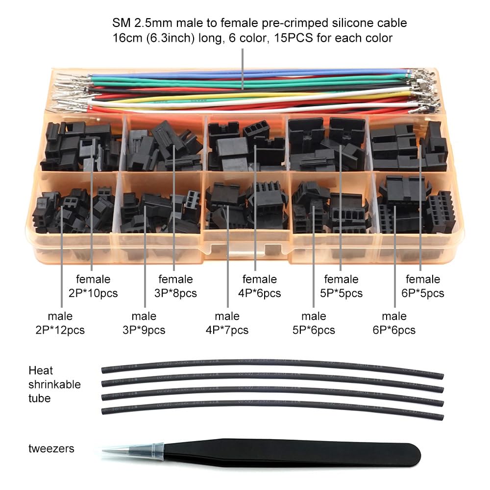 SM 2.5mm Connectors Male Female Plugs Sockets with 22AWG Pre-Crimped Silicone Cables Wire Compatible with JST SM Connectors 2.5mm 2.54mm Pitch 2 3 4 5
