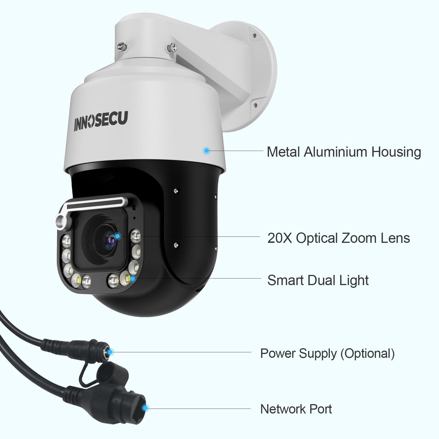 INNOSECU 6MP PTZ POE Camera, Auto Human Tracking Dome Camera, Pan 360?, Tilt-15? ~ 90?, 20X Optical Zoom Lens, Smart Dual Light Color Night Vision