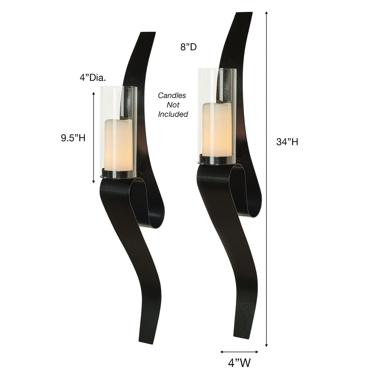 Harmony Wall Sconce Pair | Chic Black | Included Glass Hurricane Candleholders | Handcrafted in The USA | Contemporary Curving Steel Candle Holder