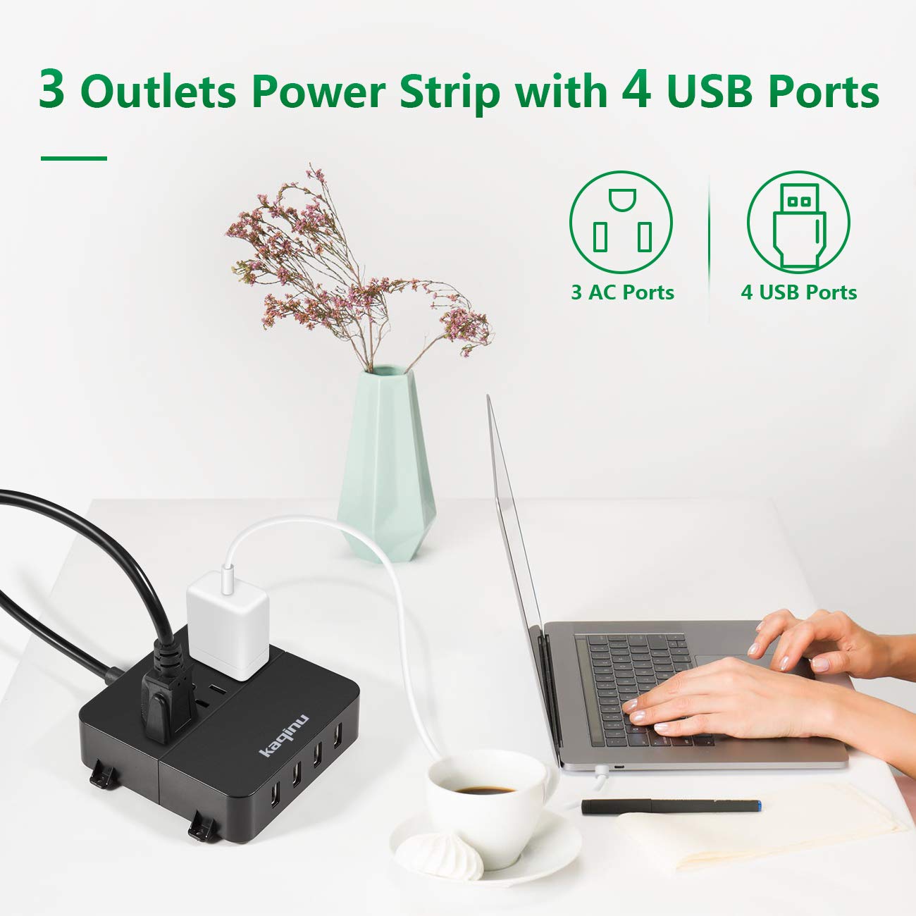 Power Strip with USB - Wall Mountable Power Strip with 4 USB Ports & 3 Outlets with On/Off Switch & 5ft Extension Cord for Cruise Ship, Travel, Hotel