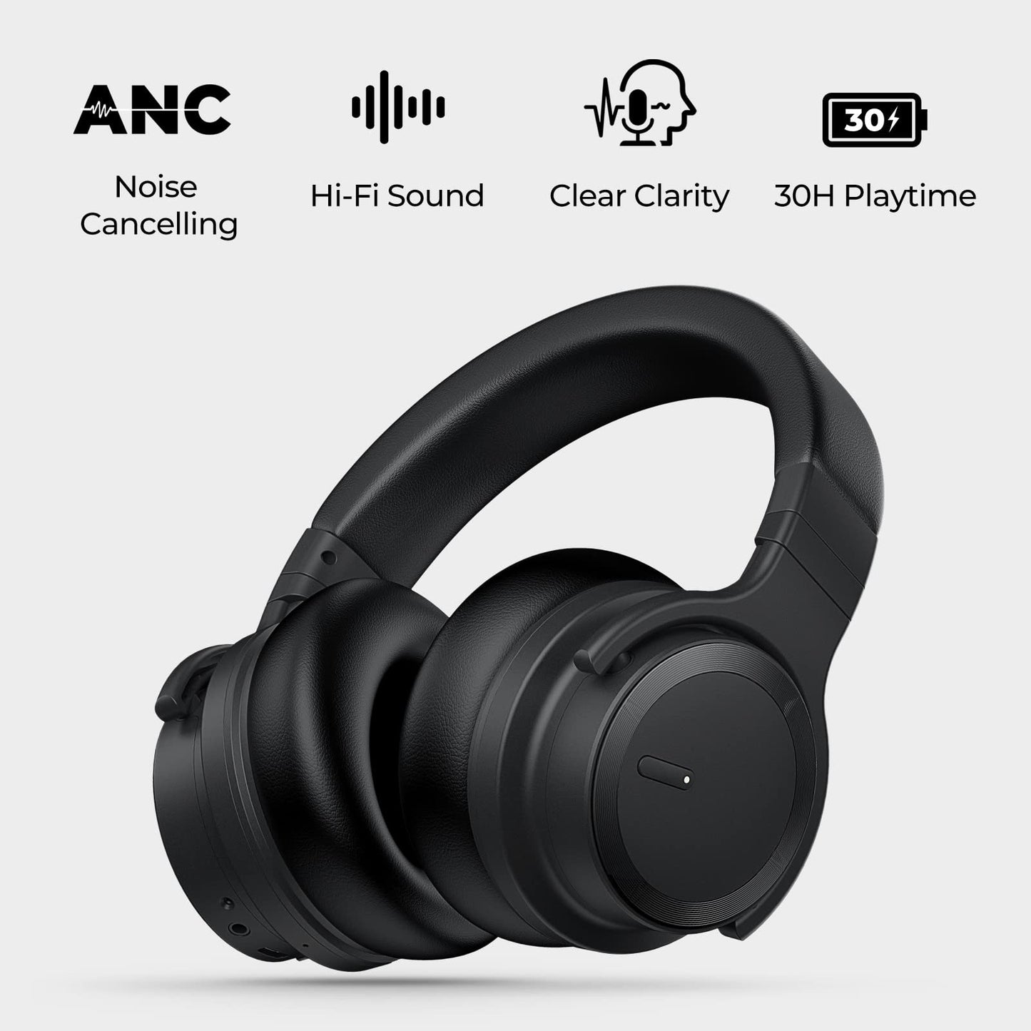 Commalta E7 Active Noise Cancelling Wireless Bluetooth Headphones With Rich Bass, Clear Calls, Bluetooth 5.0, 30 Hours Playtime, Comfort Fit, Black