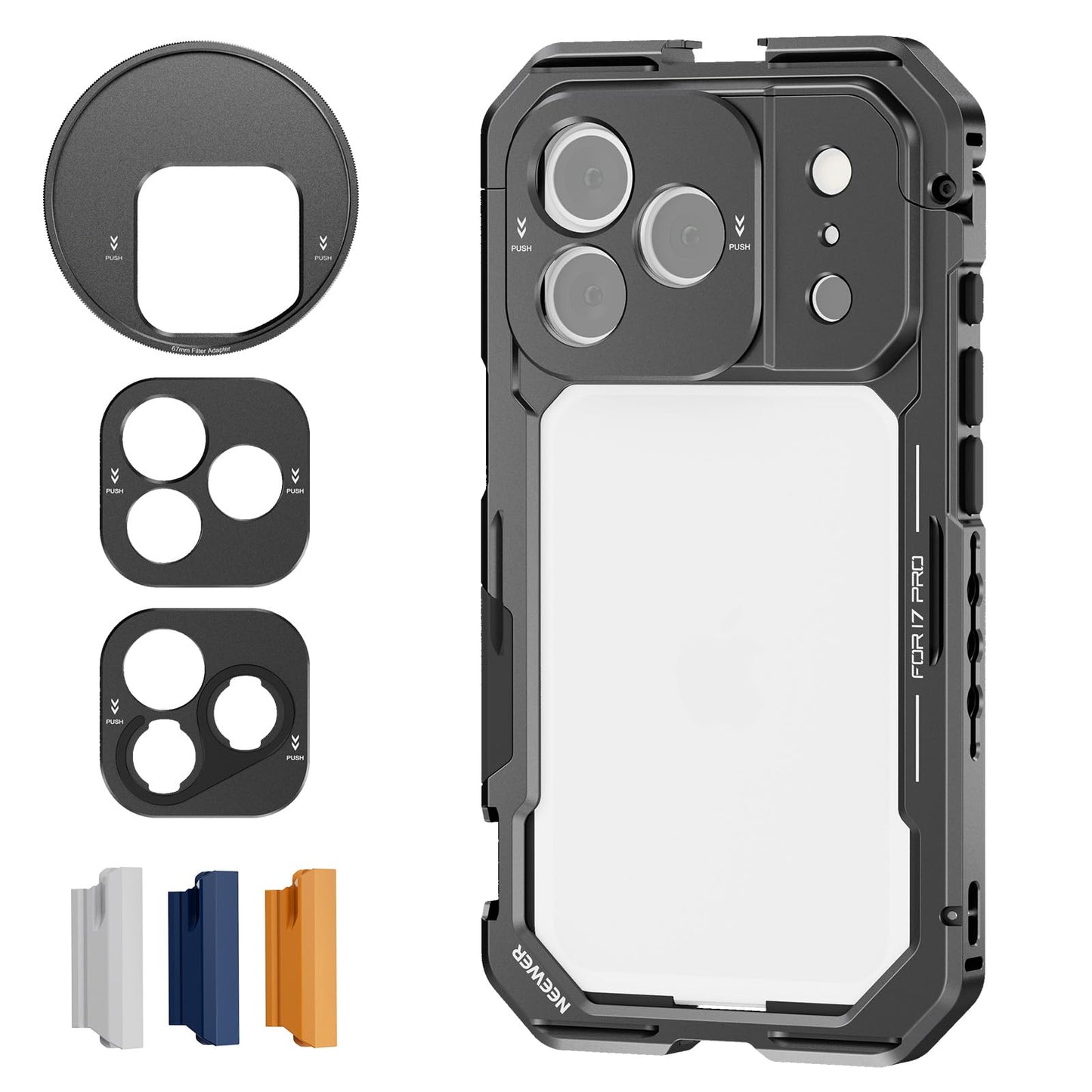 NEEWER Phone Cage Compatible with iPhone 17 Pro, Quick Release Video Rig Stabilizer Accessories with 67mm Filter Ring, 17mm Lens Backplate, T Mount