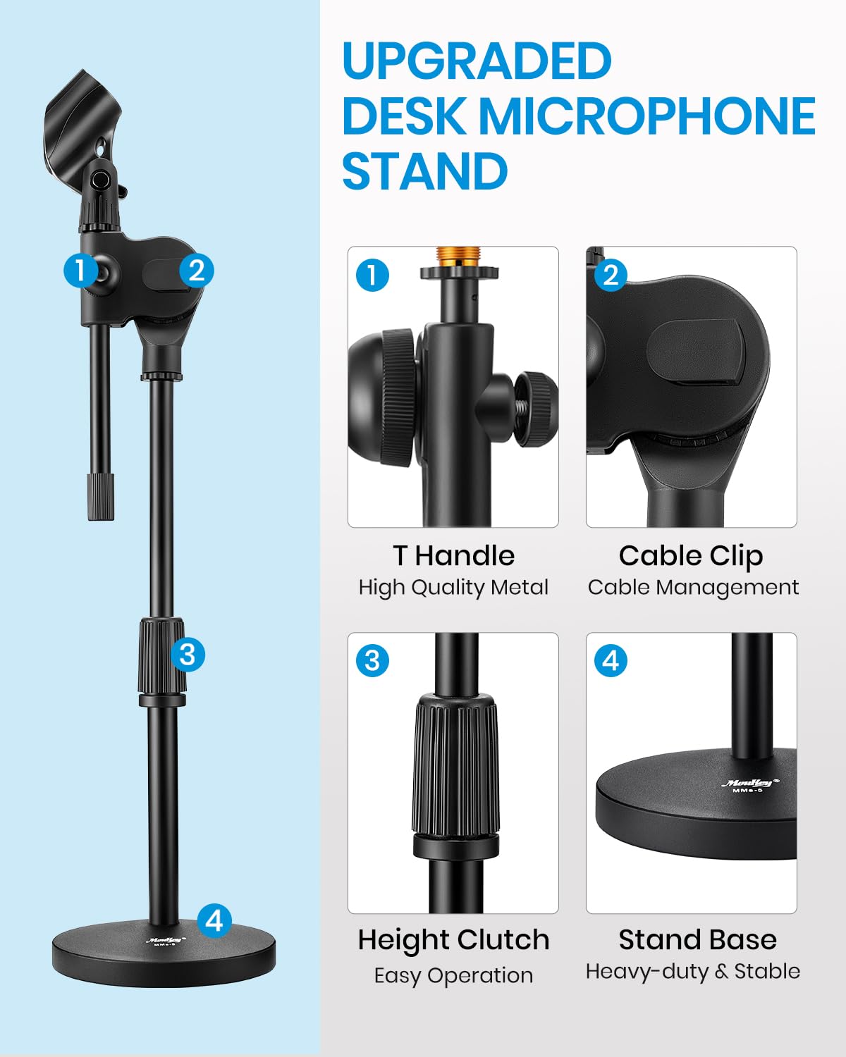 Moukey Mic Stand Desk Adjustable Tabletop Microphone Stand with Non-Slip Mic Clip, Short Table Mic Stand with Gear Fixing, Boom Arm, 3/8" and 5/8"