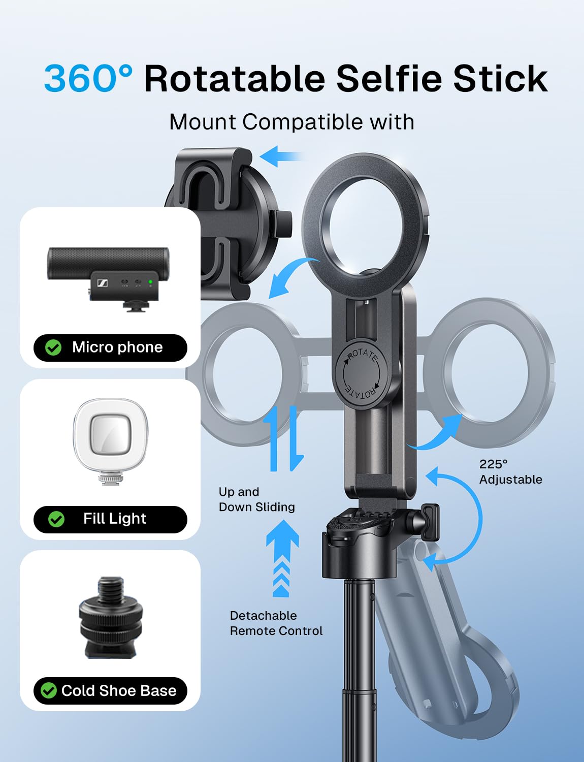 MAGIC JOHN Phone Tripod with 2 Selfie Light, Portable Pocket Size Selfie Stick for iPhone Magsafe, Selfie Stick with Detachable Remote Control