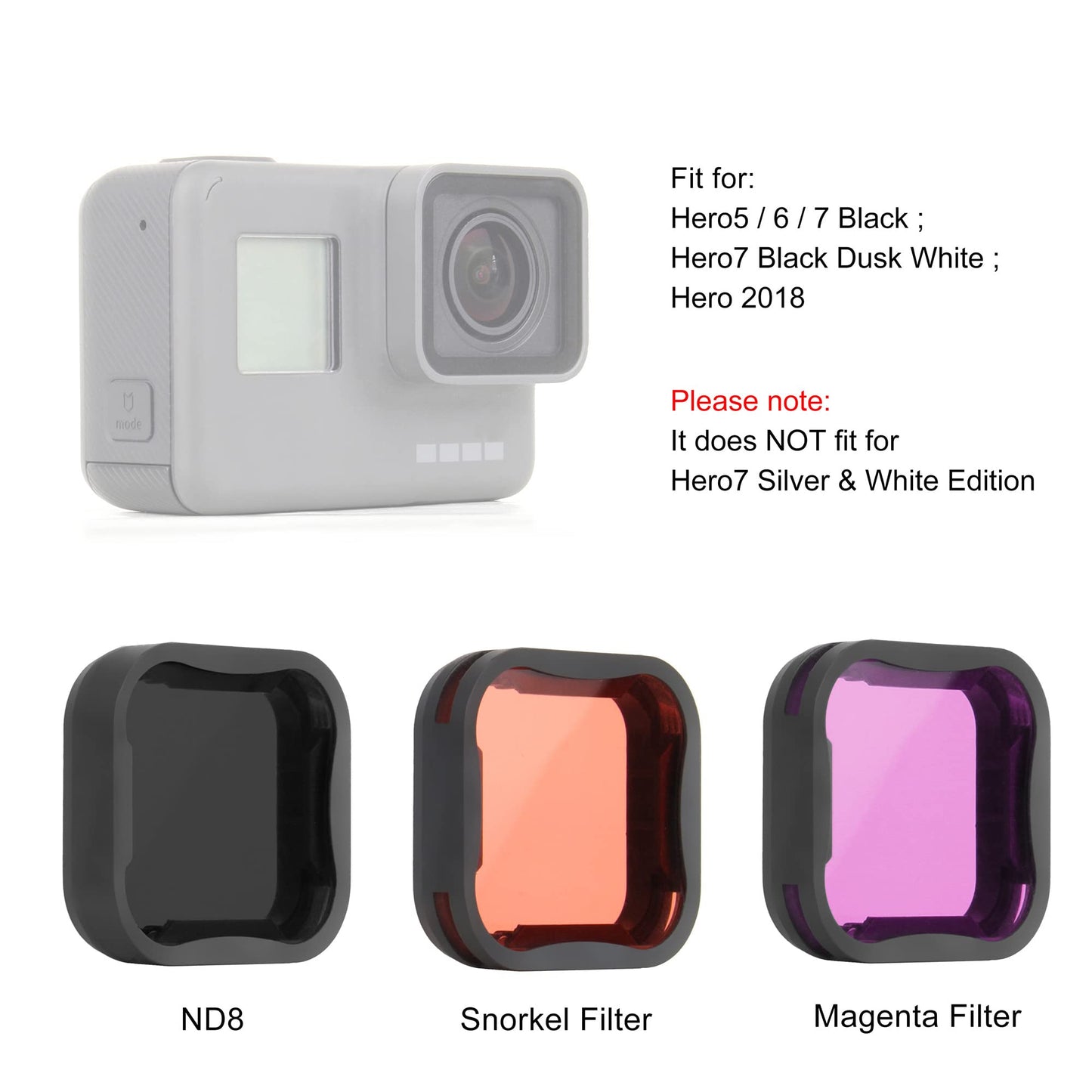 GEPULY 3 Pack Camera Lens Filter Set for GoPro Hero 5/6/7 Black/Hero (2018) Cameras, ND8 Filter Dive Filters(Light Red and Magenta Filter) - Used