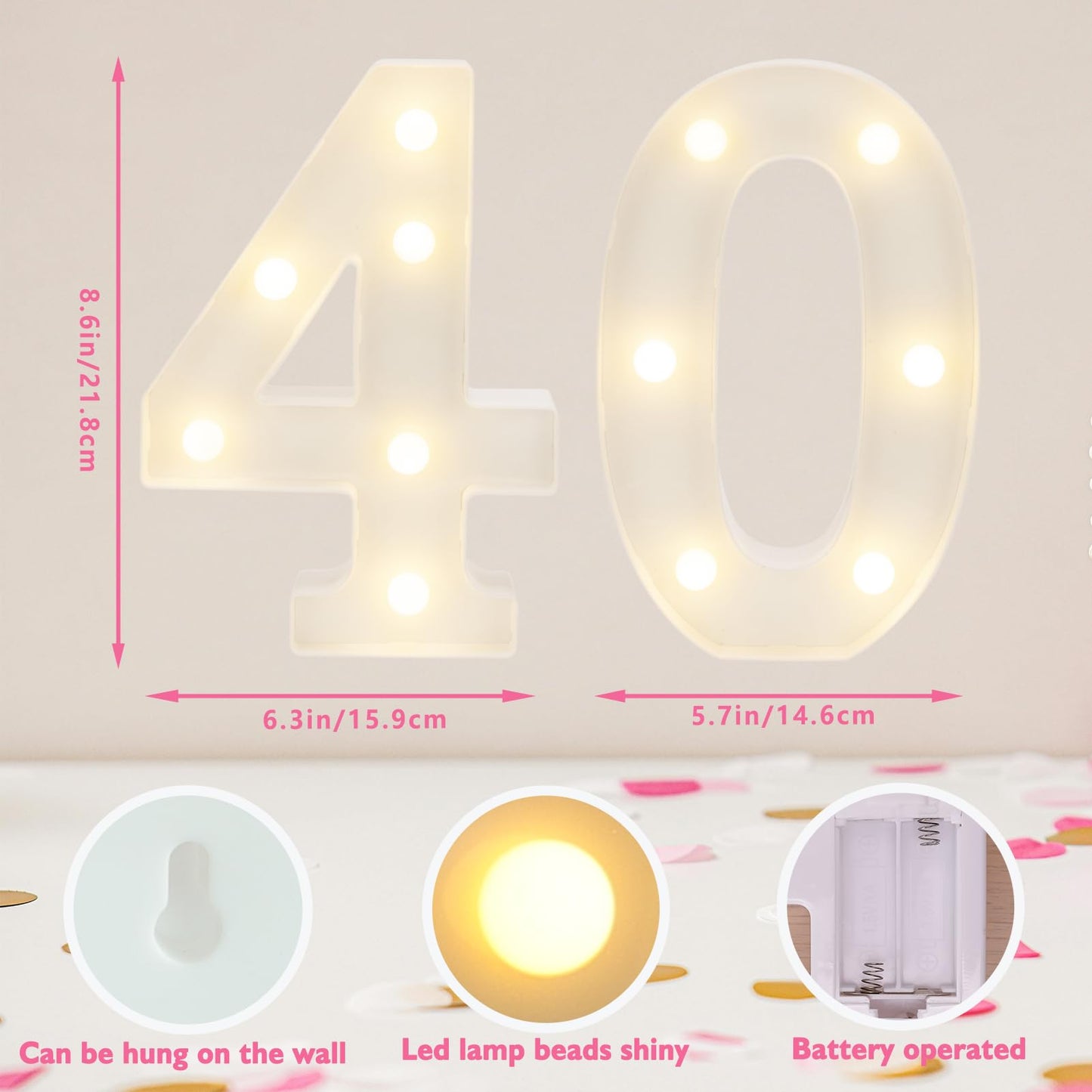 IFDGCTK Light Up 40 Number Lights, Warm White Decorative LED Light Up Numbers, Battery Operated, for Women Men 40th Birthday Decorations, Home, Bar