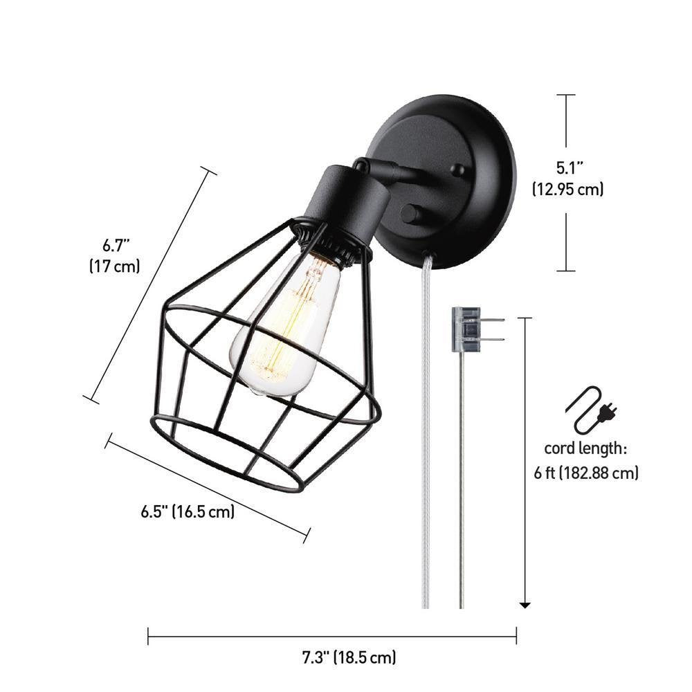 GLOBE Electric 65291 1-Light Plug-in or Hardwire Industrial Cage Wall Sconce, Matte Black Finish, On/Off Rotary Switch, 6ft Clear Cord, Wall Lights