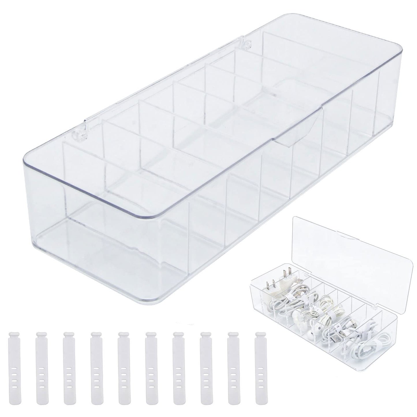 See-Through Cable Organizer Box Wire Management Case Data Cord Organizer Storage,8 Compartment Storage Boxes with 10 Wire Ties,Plastic Clear Lids