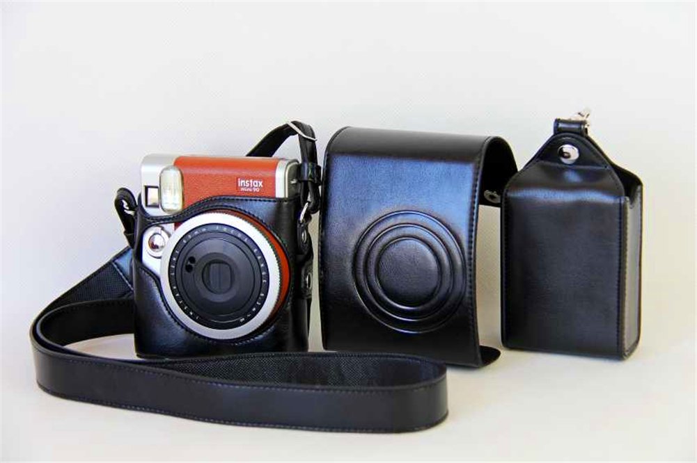 Fuji Mini 90 case, BolinUS Handmade PU Leather FullBody Camera Case Bag Cover for Fujifilm Instax Mini 90 with Neck Strap Battery Bag -Black