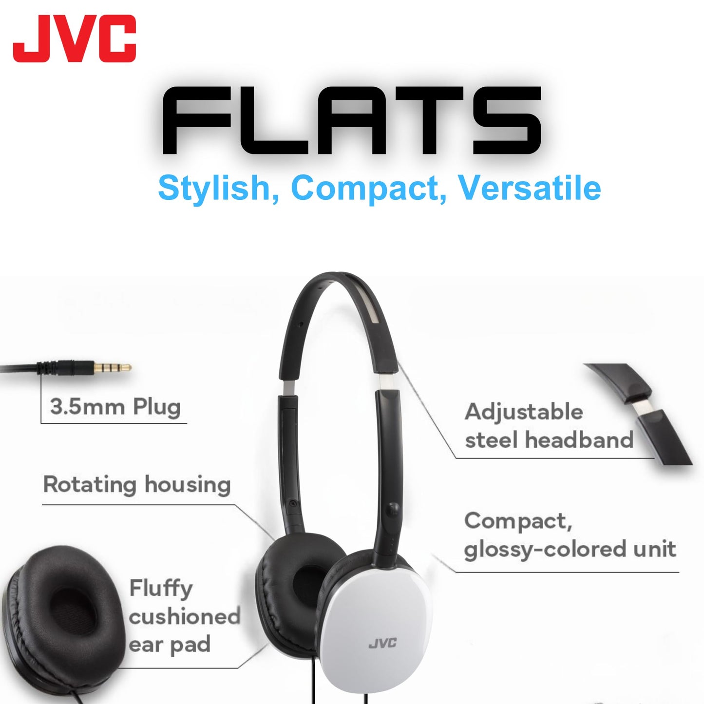 JVC Flats On-Ear Wired Headphones - Flat Foldable Design - 30mm Driver for Powerful Sound - Soft Ear-Pads for Comfort - Steel Headband - Lightweight…