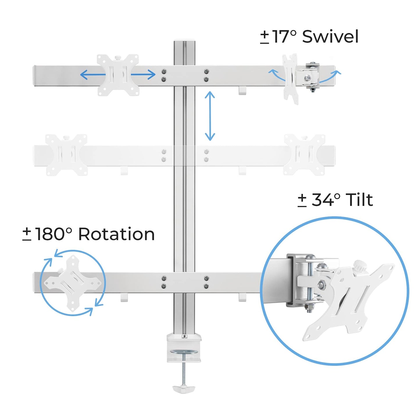 Stand Steady 4 Monitor Mount Desk Setup - Heavy-Duty Height Adjustable Monitor Stand, Swivel Arm with Clamp-On Base, Four Screen VESA Mount Fits Most