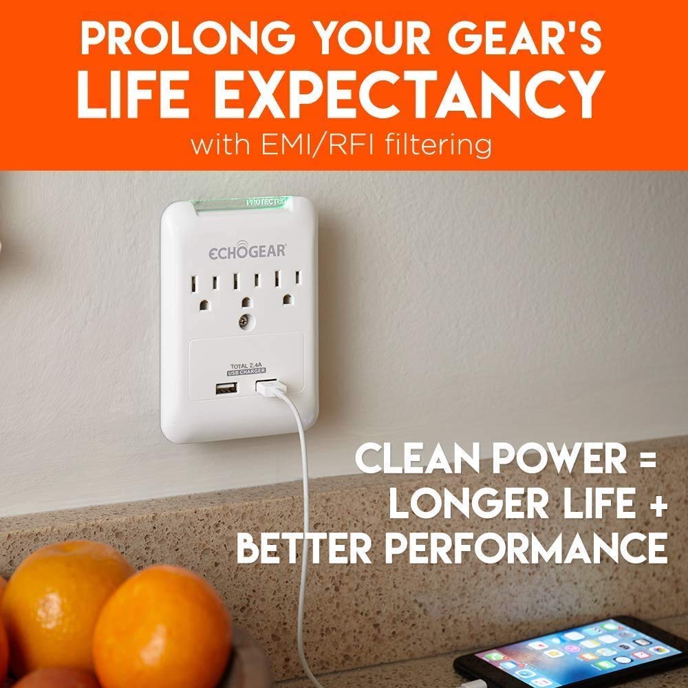 ECHOGEAR Outlet Extender Multiplug 2 Pack with 3 AC Outlets & 2 USB Ports - Low Profile Design Sits Just 1.1" from Wall - Protects Your Gear with 540
