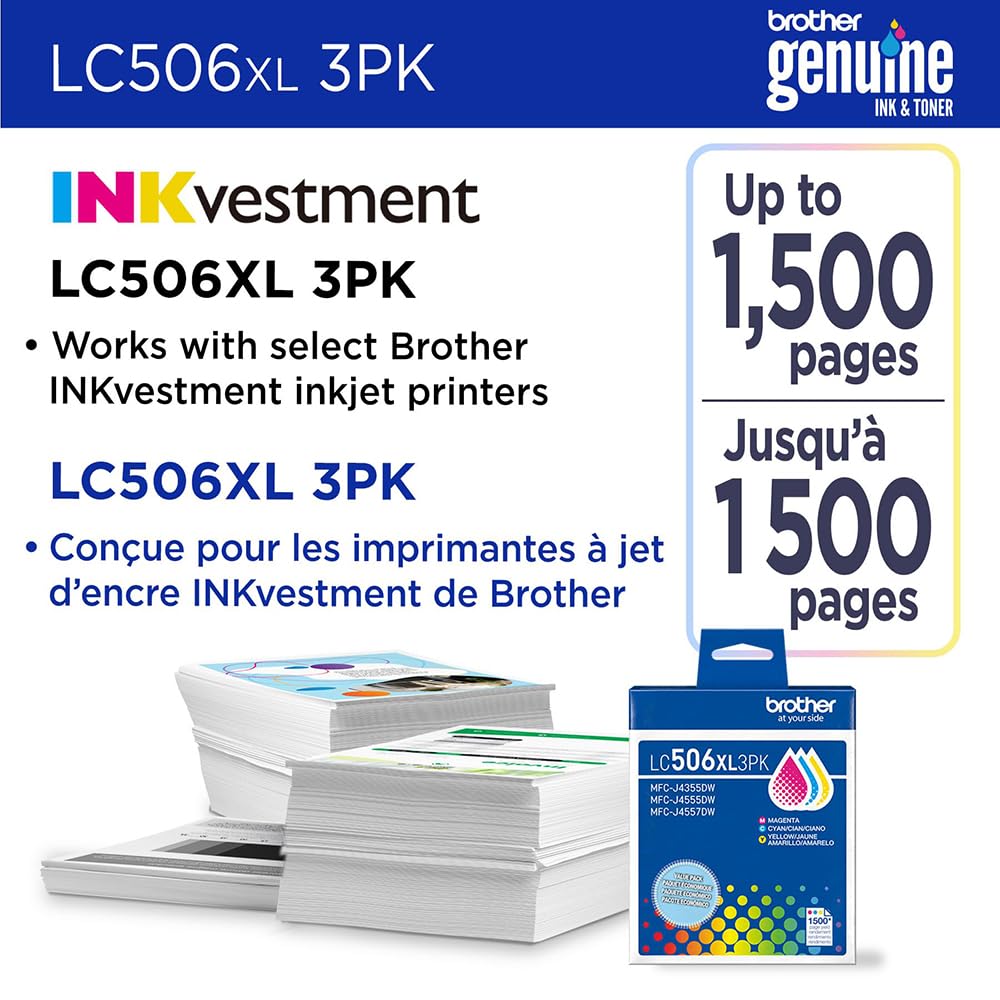 Brother Genuine LC506XL 3-Pack Color High-Yield Ink Cartridges (Cyan, Magenta, Yellow) Bundle with Deco Essentials Printer eBook for MFC-J4355DW
