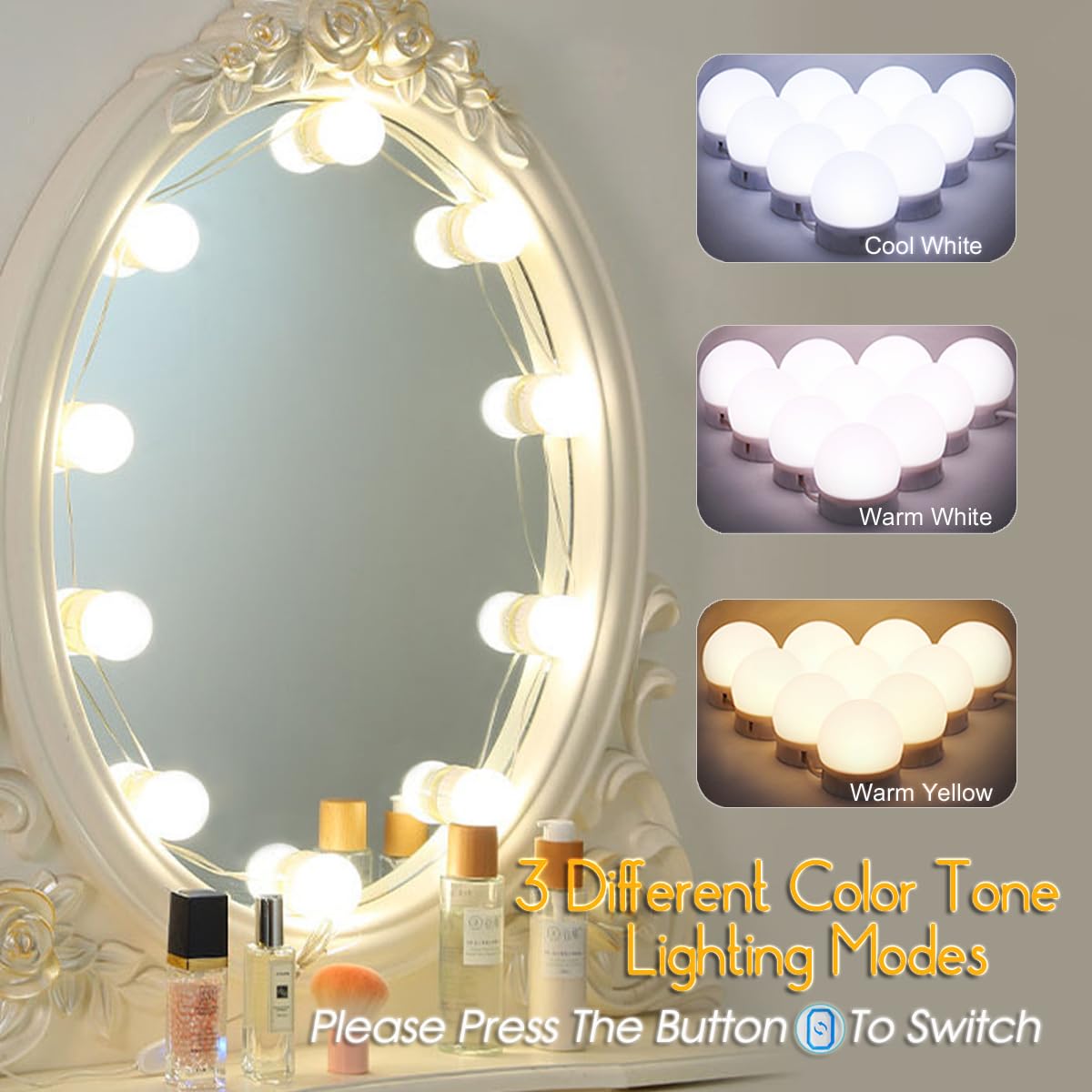 HELOIE Led Vanity Mirror Lights,Vanity Lights for Makeup Dressing Mirror Lighting,10 Dimmable Bulbs,Adjustable Light Color & Brightness,USB