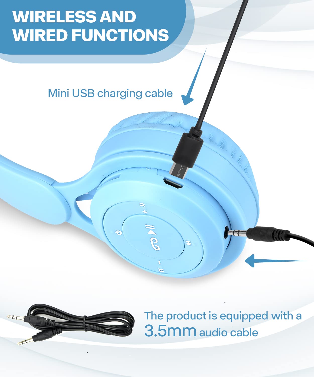clelize Kids Bluetooth Headphones, On Ear Wireless Headsets for Children with Built-in Microphone, Foldable Stereo Detachable Aux 3.5mm Cord, Kids
