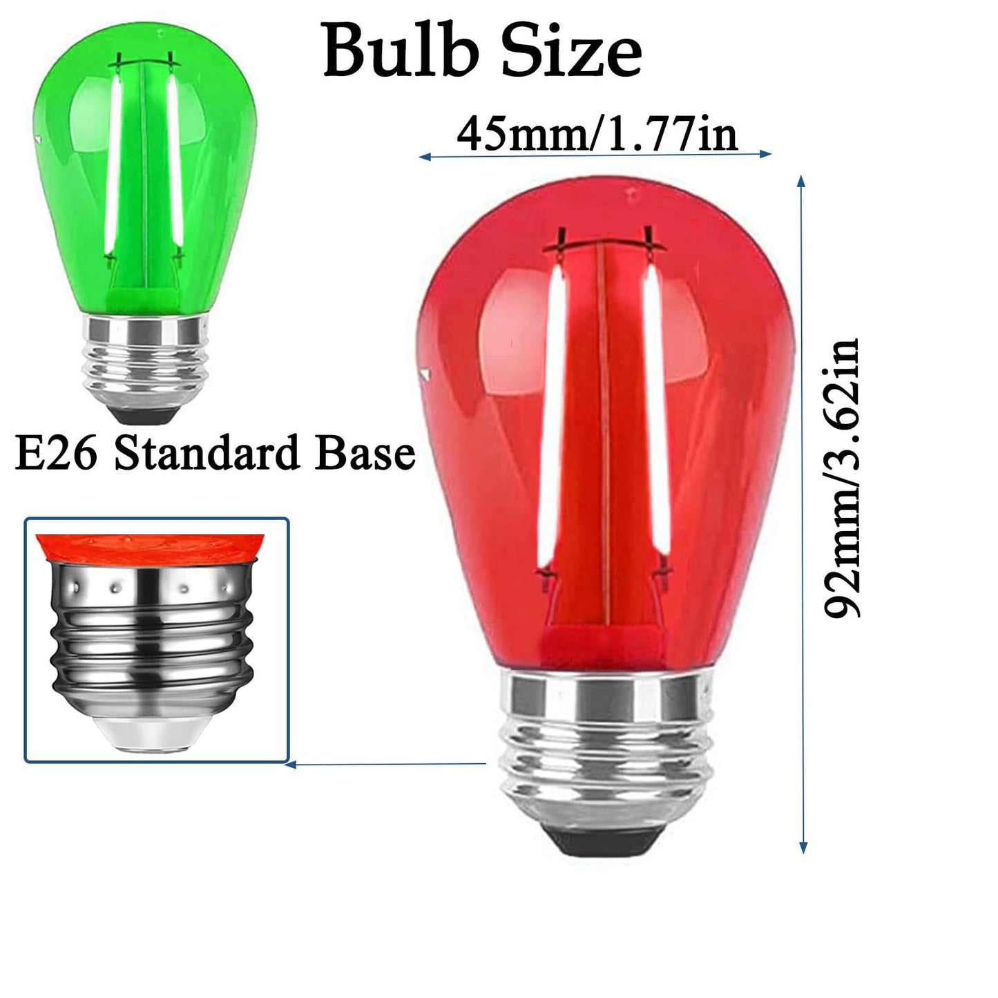 LRSUEYSKIN 24 Pack S14 Red and Green Colored LED Light Bulb 2W Christmas Replacement String Lights Bulb E26 Base Plastic Shatterproof Waterproof LED