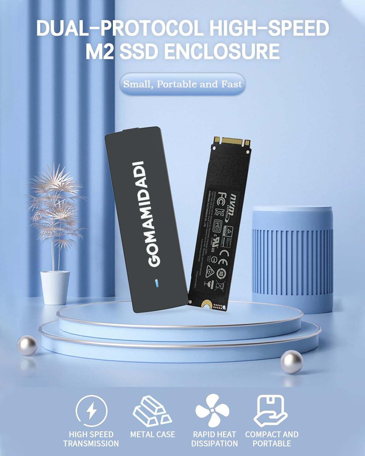 GOMAMIDADI Dual Protocol M.2 SSD Enclosure NVMe/NGFF- 10Gbps USB C 3.1 Tool-Free External Aluminum Alloy SSD Case, 2230/2242/2260/2280 M2 SSDs Drive