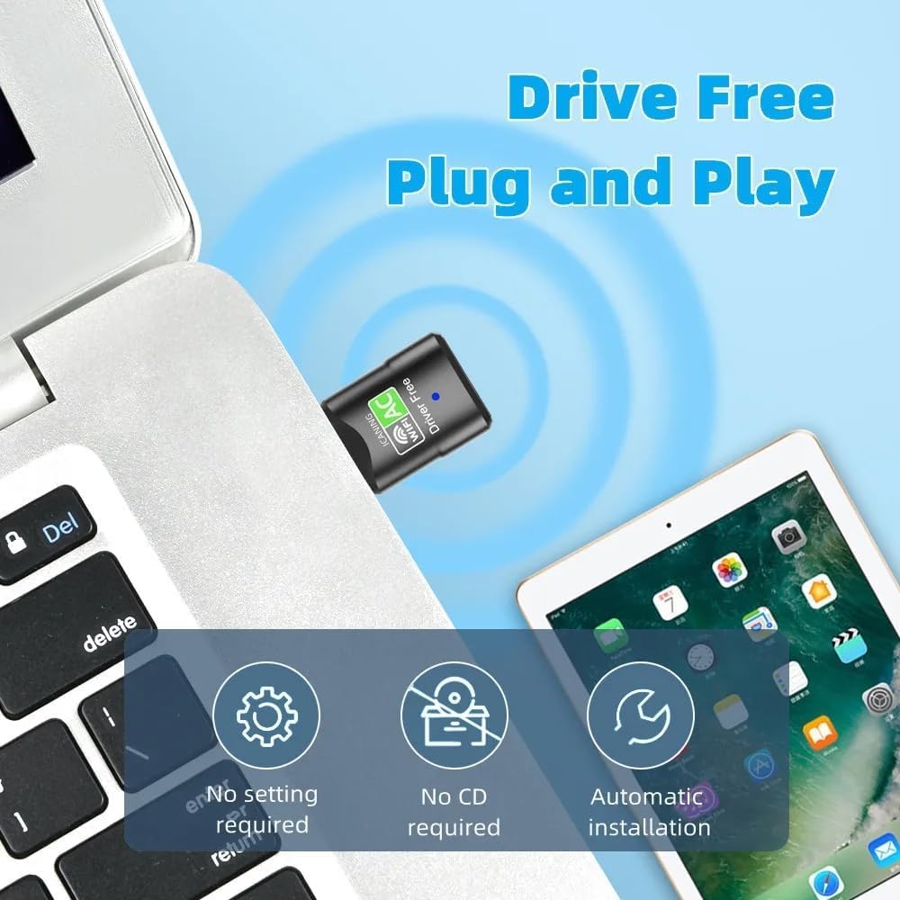 USB WLAN Stick, AC600Mbit/s WLAN Adapter DualBand (433Mbps 5GHz/150Mbps 2.4GHz) with Built-in Driver, USB WiFi Adapter