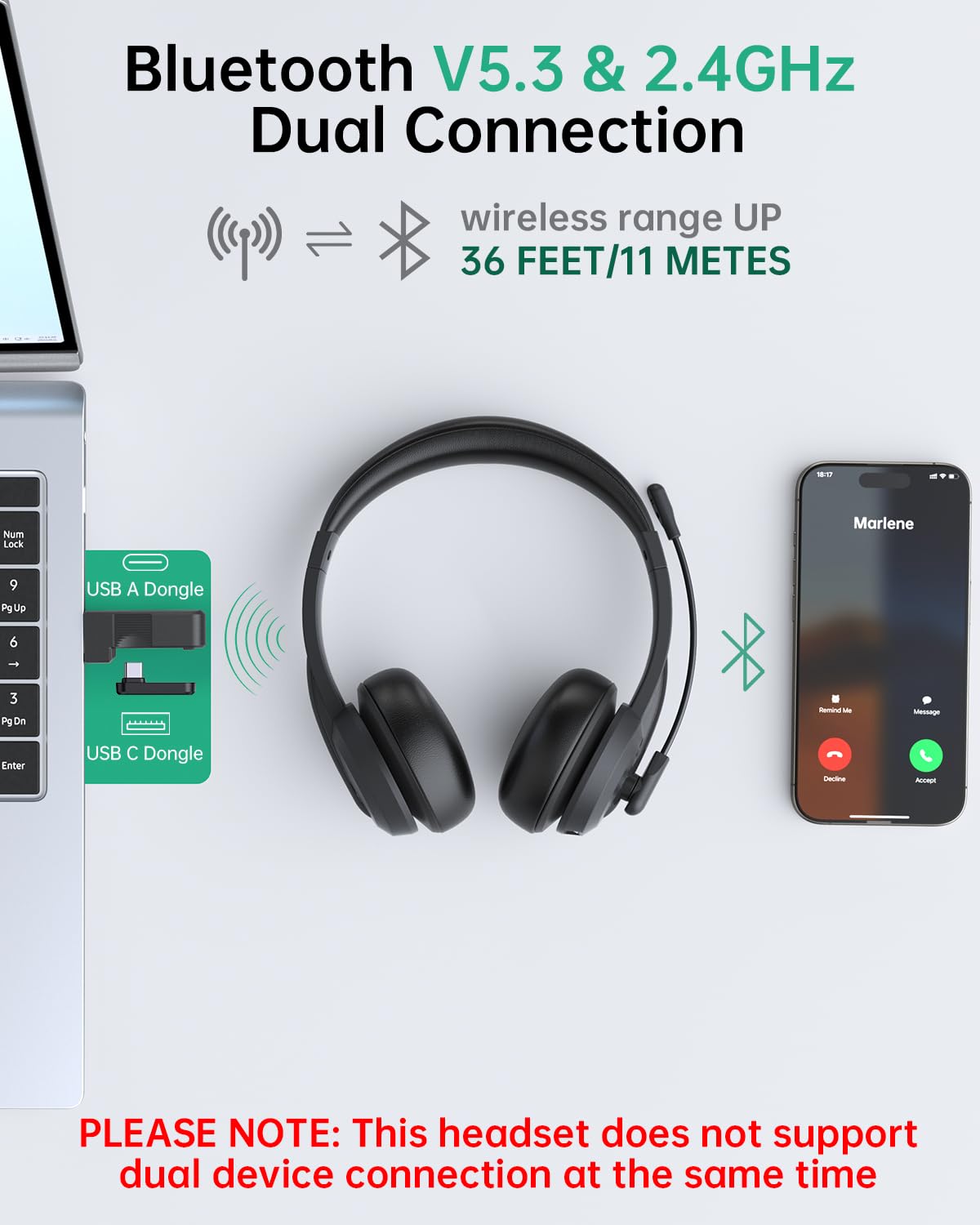 AOC Wireless Headset with Mic for Work, AI Noise Cancelling, Bluetooth