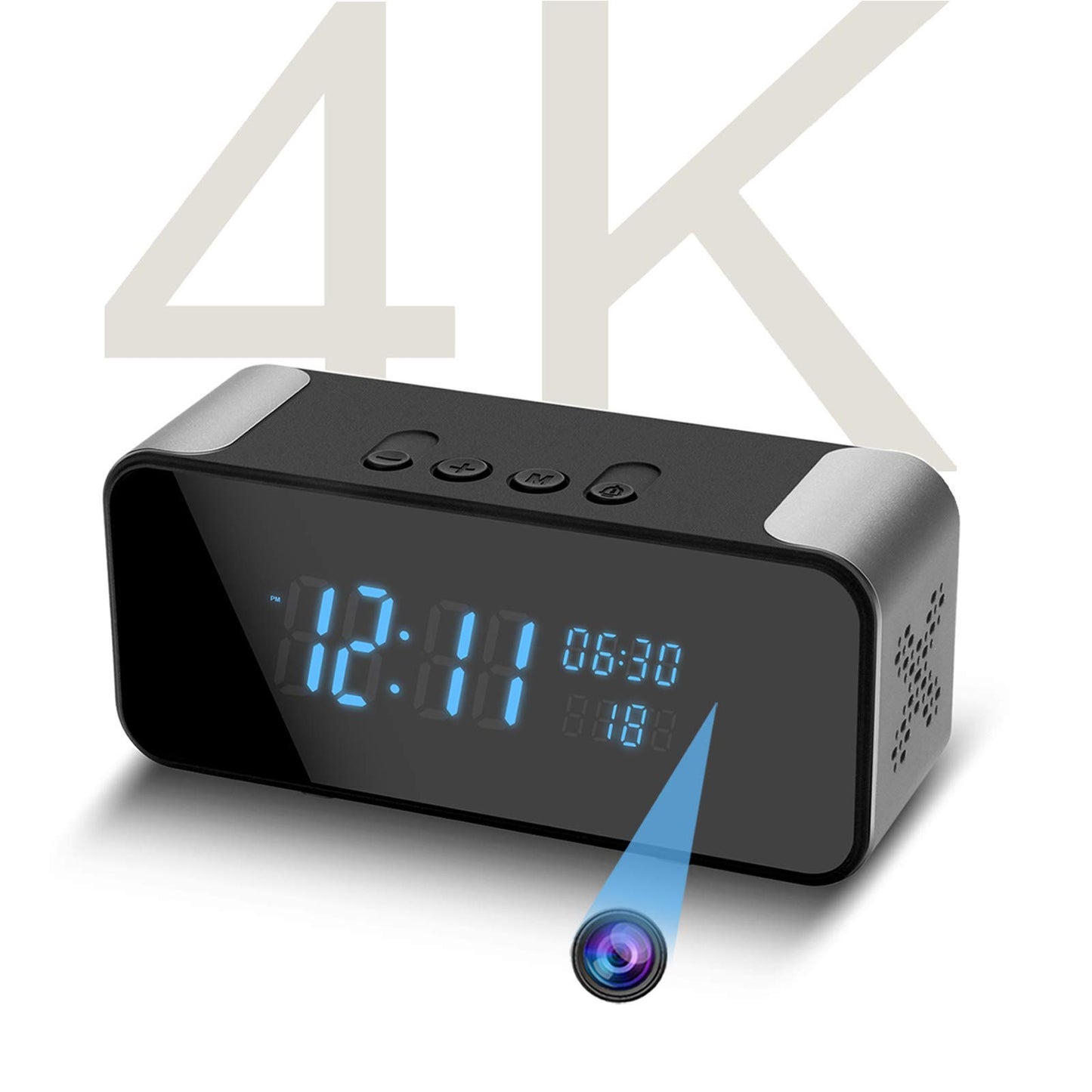Wireless 4K Full HD Security Mini Camera, 3-in-1 Nanny Cam with Alarm Clock & Bluetooth Speaker, Clear Night Vision & Motion Detection Alarm, APP