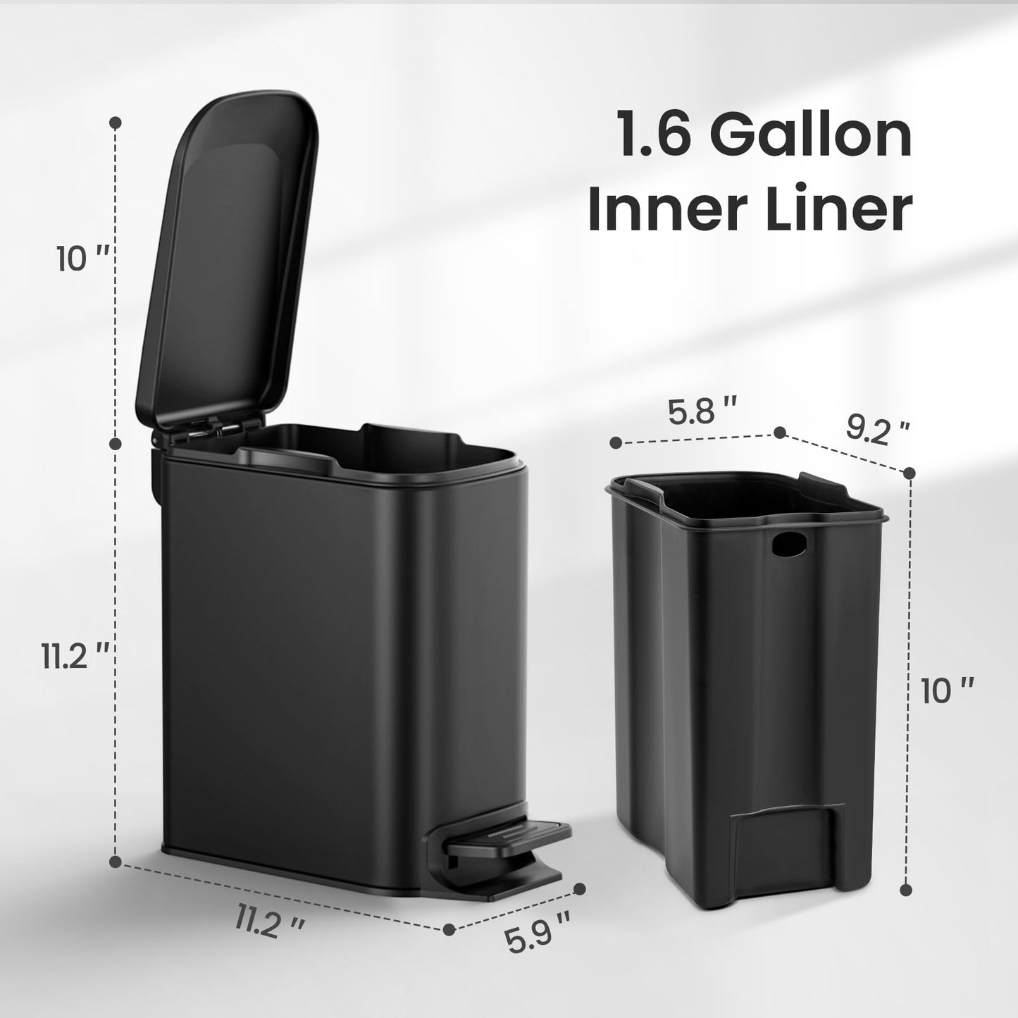 Cesun Small Bathroom Trash Can with Lid, Soft Close Step Pedal, 6L/1.6 Gal Stainless Steel Garbage Bin with Removable Bucket, Matte Black