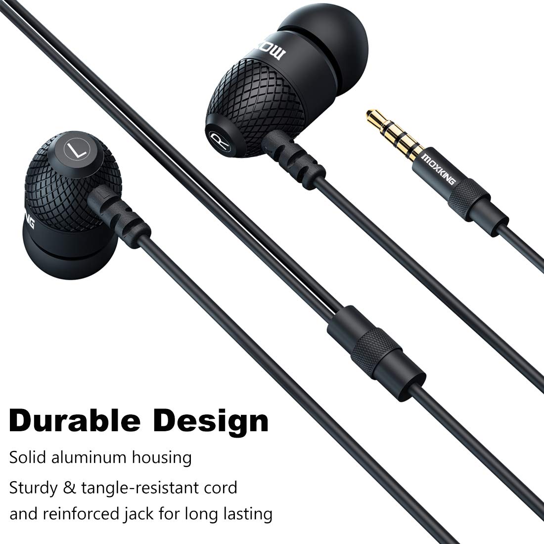 MOXKING Wired Durable Metal Earphones Earbuds w Microphone and Volume Control, Deep Bass Clear Sound Noise Isolating in Ear Headphones, Ear Buds
