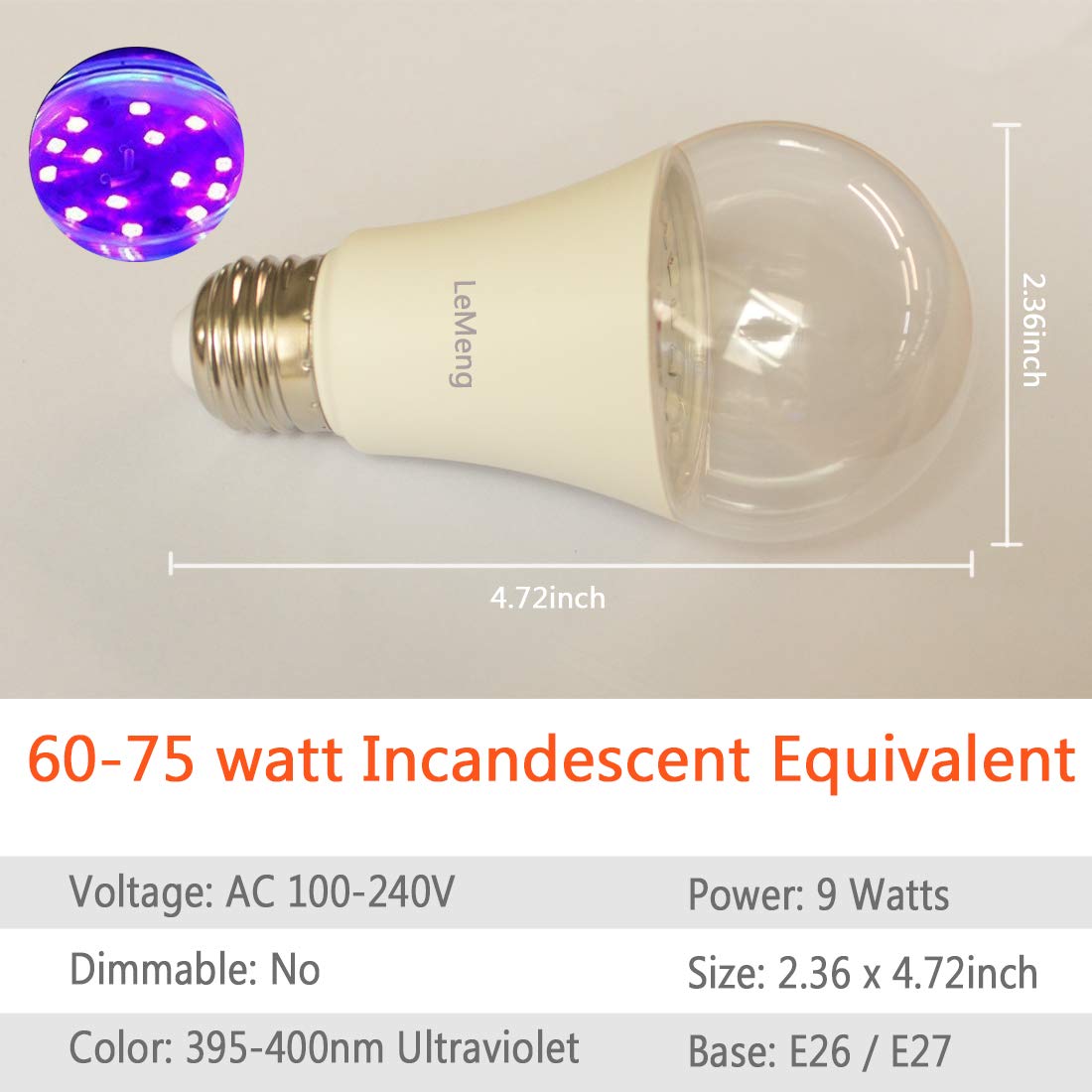 Black Light Bulb 9W LED A19 Blacklight E26 Base 120V UVA Level 395-400nm